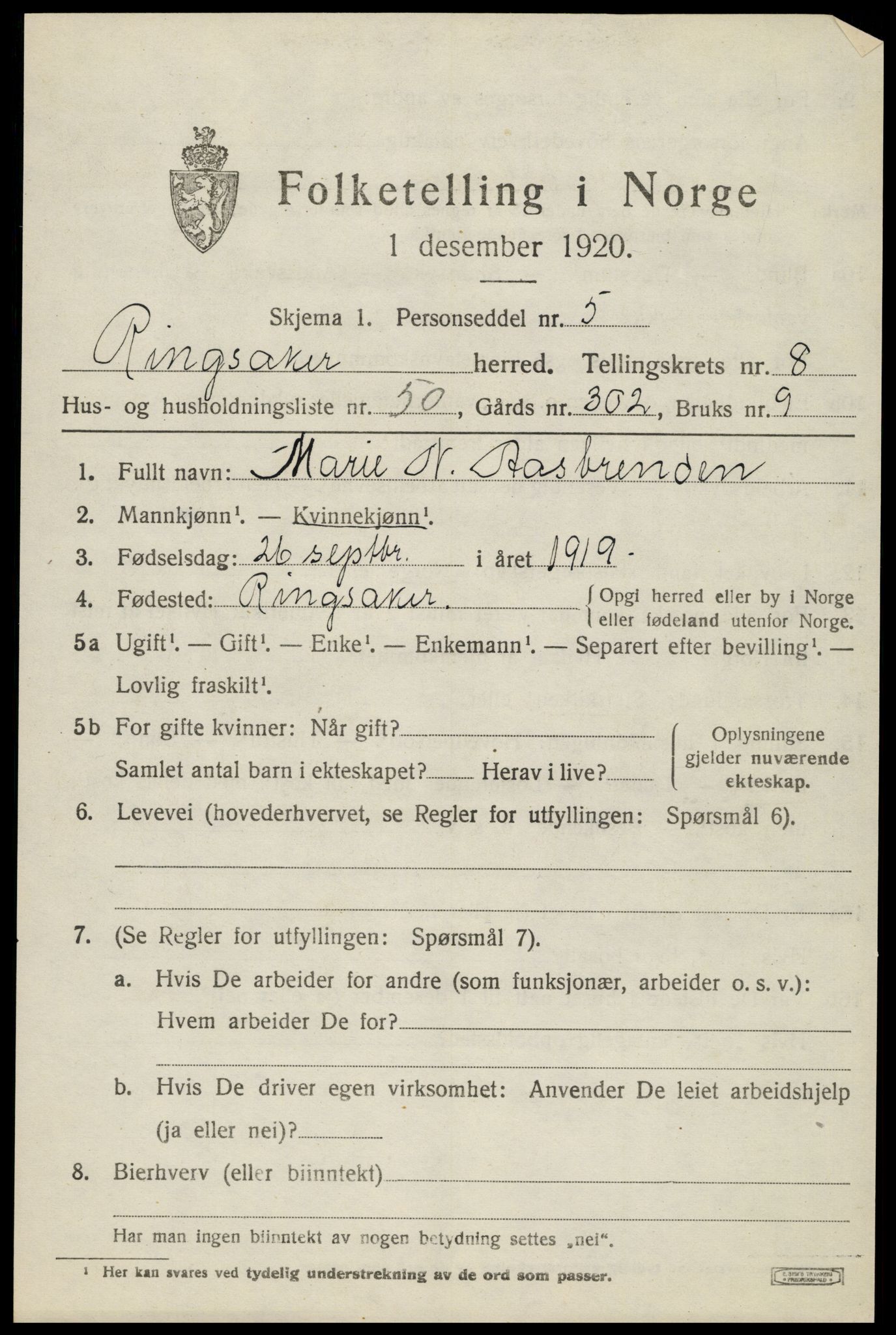 SAH, 1920 census for Ringsaker, 1920, p. 17506