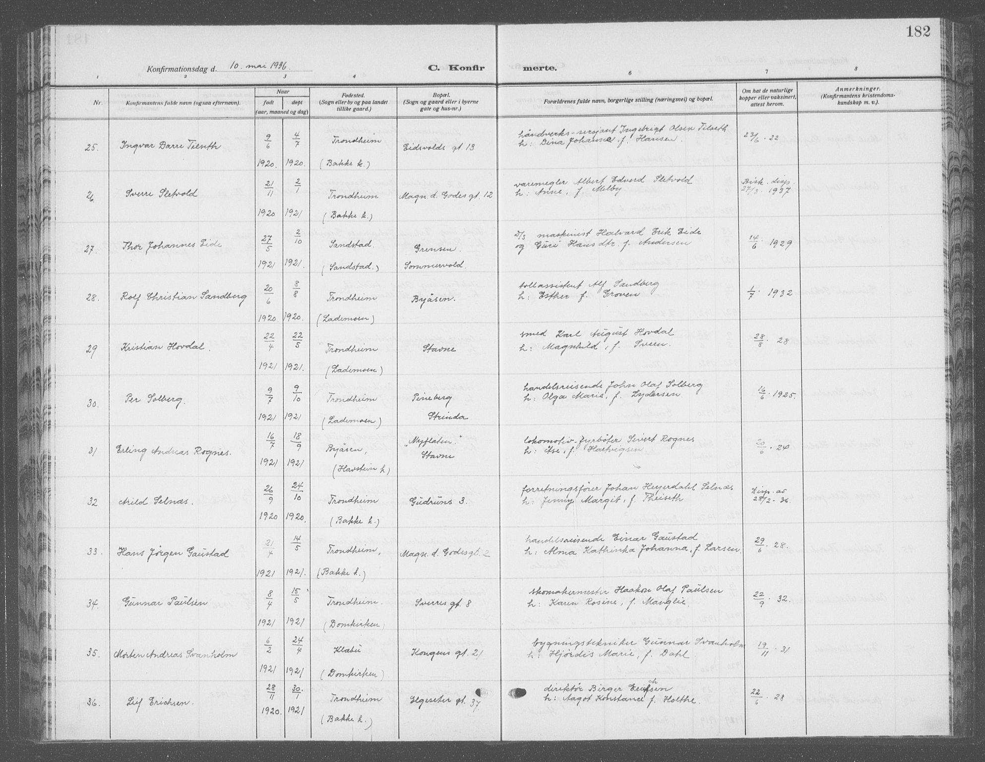 Ministerialprotokoller, klokkerbøker og fødselsregistre - Sør-Trøndelag, SAT/A-1456/601/L0099: Parish register (copy) no. 601C17, 1928-1941, p. 182