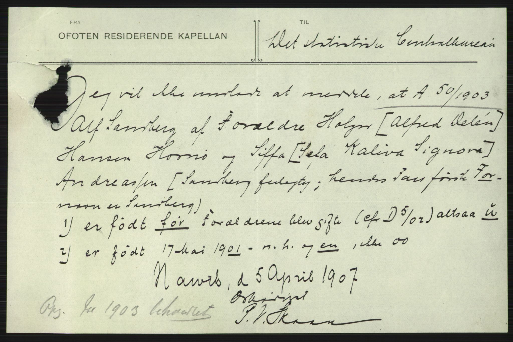 Statistisk sentralbyrå, Sosiodemografiske emner, Befolkning, AV/RA-S-2228/D/Df/Dfa/Dfaa/L0019: Nordlands amt: Fødte, gifte, døde., 1903, p. 35