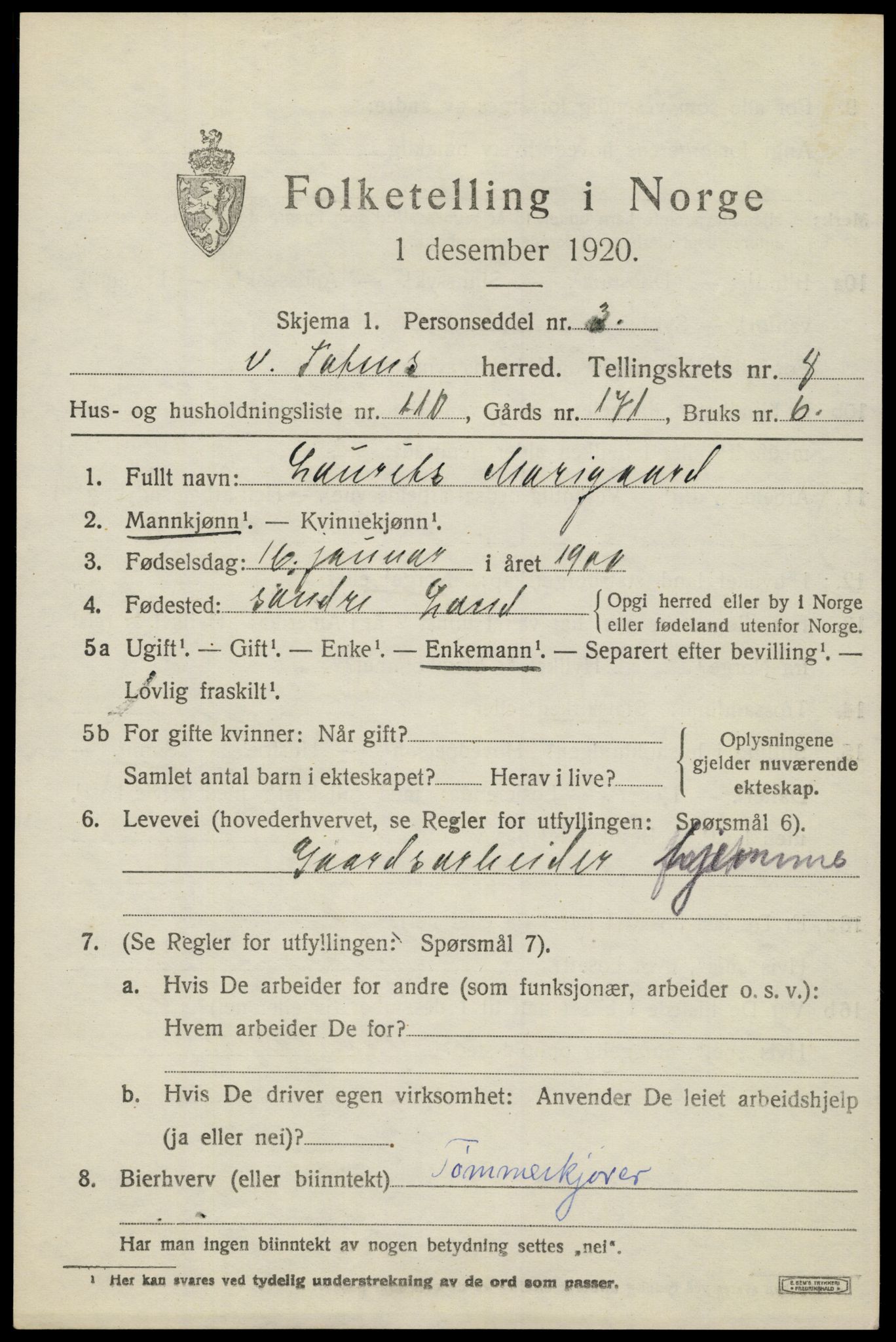 SAH, 1920 census for Vestre Toten, 1920, p. 11100