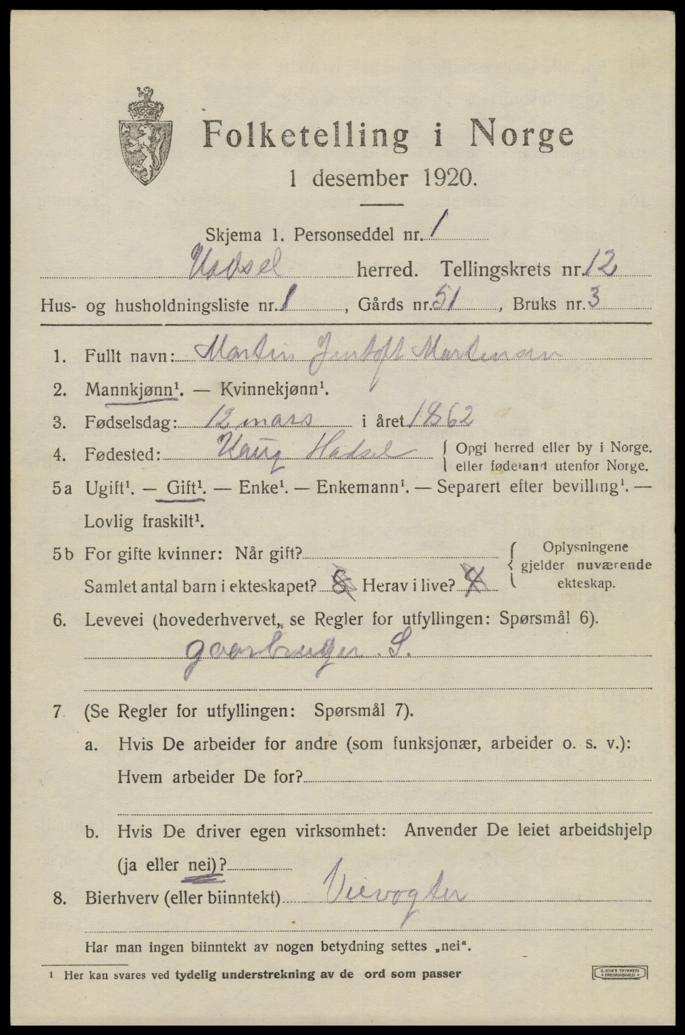 SAT, 1920 census for Hadsel, 1920, p. 9082