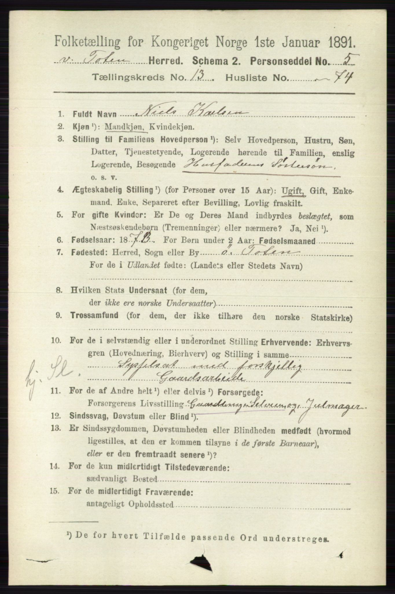 RA, 1891 census for 0529 Vestre Toten, 1891, p. 8223