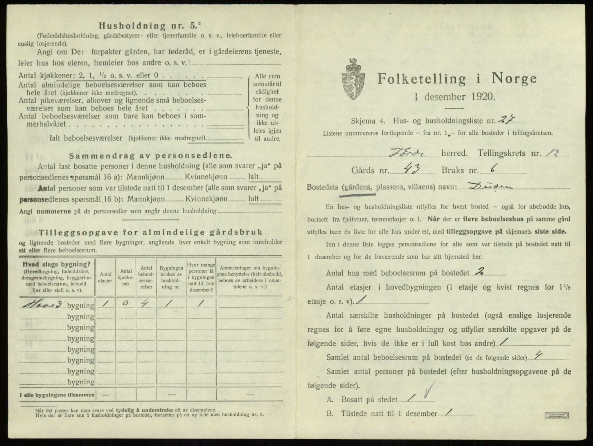 SAB, 1920 census for Førde, 1920, p. 682