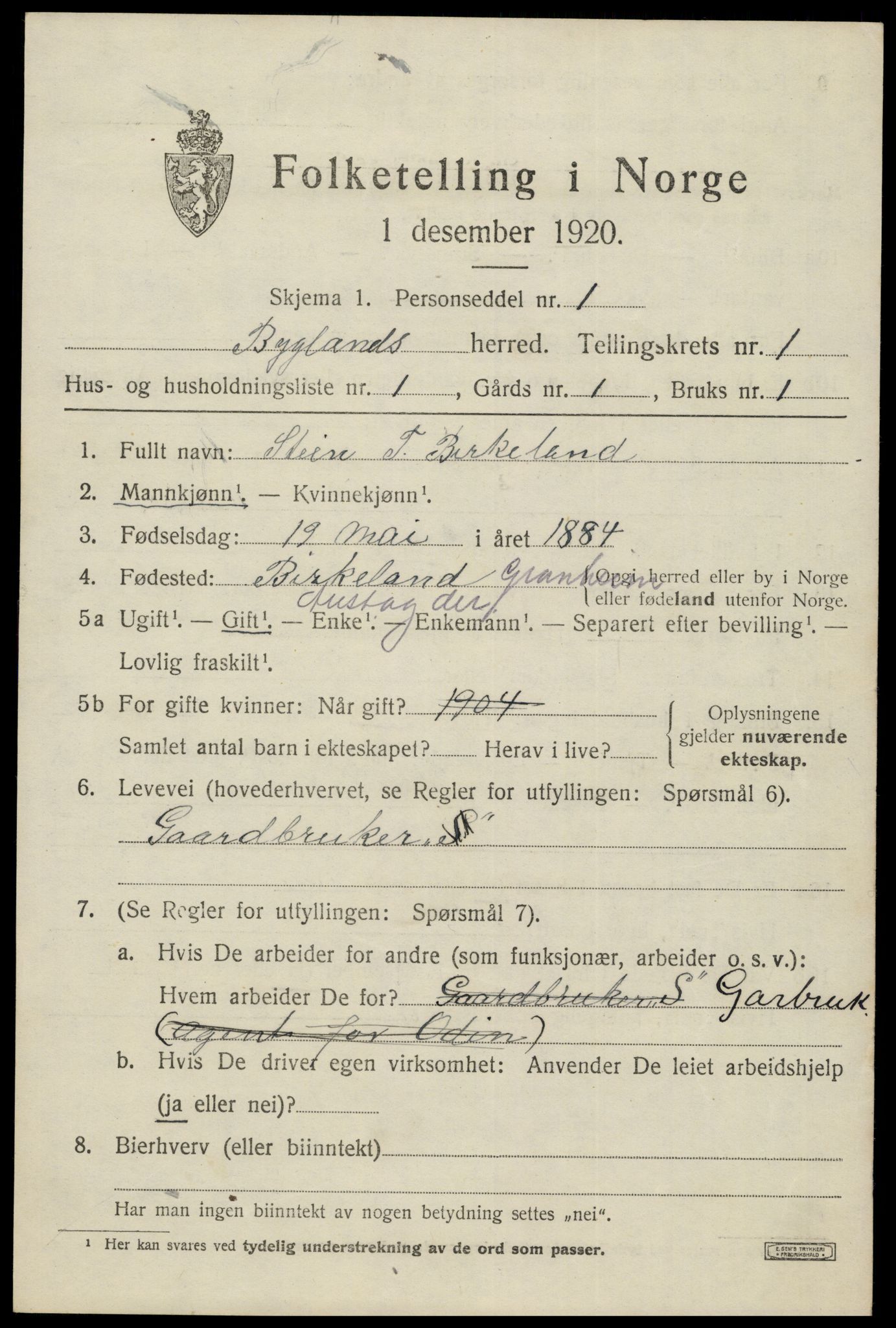 SAK, 1920 census for Bygland, 1920, p. 897