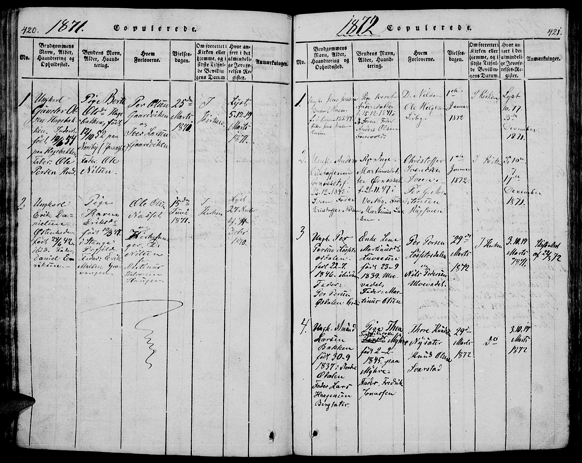 Trysil prestekontor, AV/SAH-PREST-046/H/Ha/Hab/L0005: Parish register (copy) no. 5, 1814-1877, p. 420-421