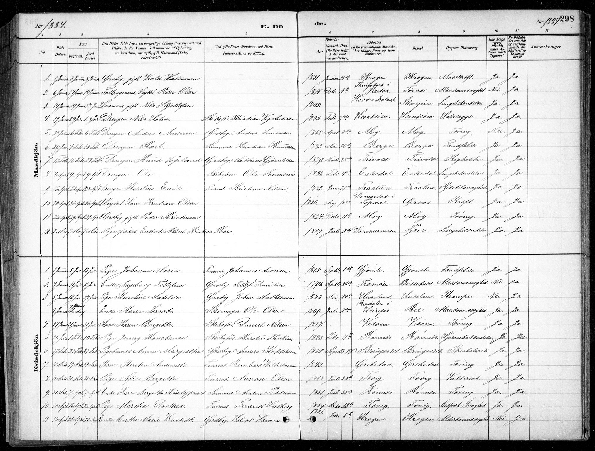 Fjære sokneprestkontor, SAK/1111-0011/F/Fb/L0011: Parish register (copy) no. B 11, 1881-1905, p. 298