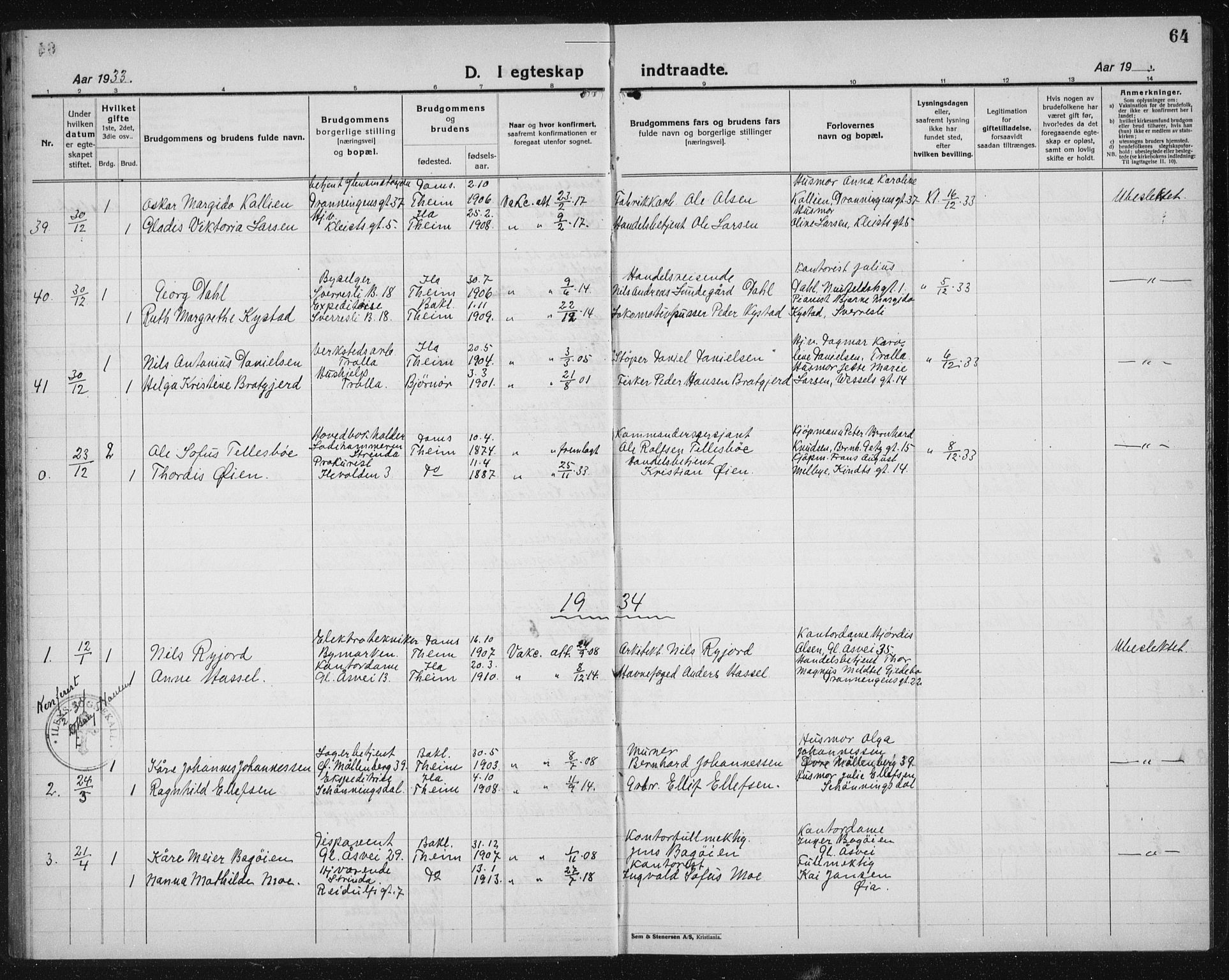 Ministerialprotokoller, klokkerbøker og fødselsregistre - Sør-Trøndelag, AV/SAT-A-1456/603/L0176: Parish register (copy) no. 603C04, 1923-1941, p. 64