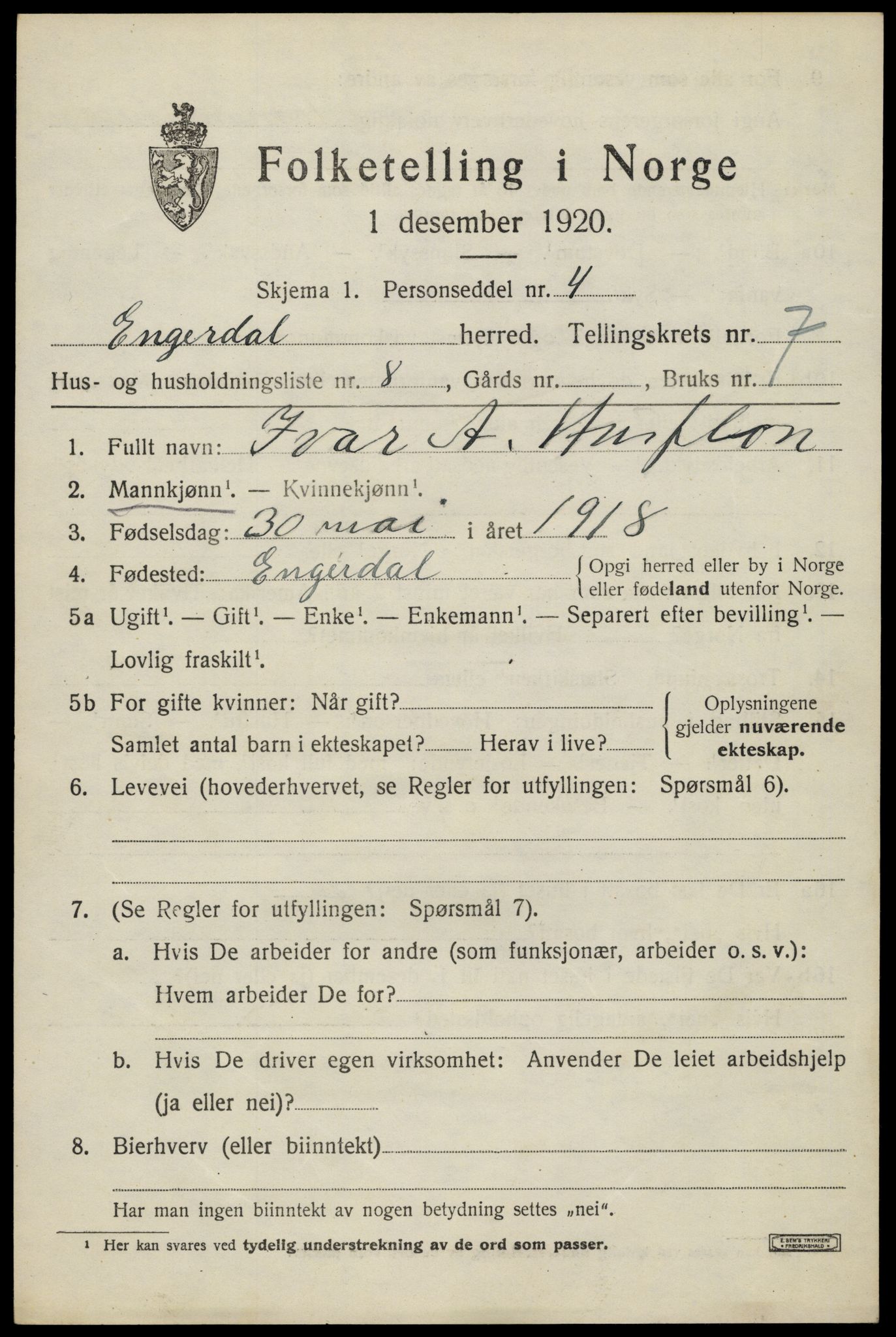 SAH, 1920 census for Engerdal, 1920, p. 3053