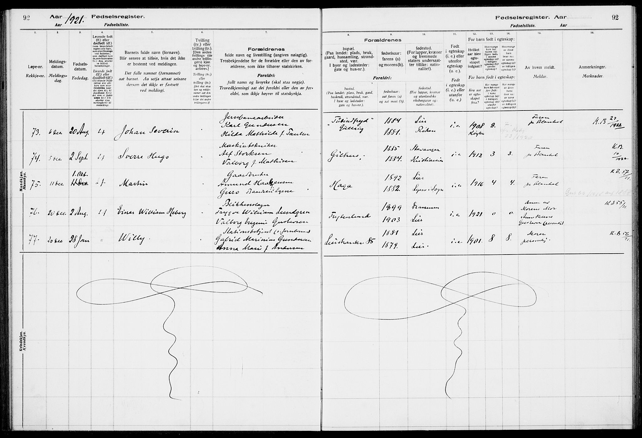 Lier kirkebøker, AV/SAKO-A-230/J/Ja/L0001: Birth register no. 1, 1916-1928, p. 92