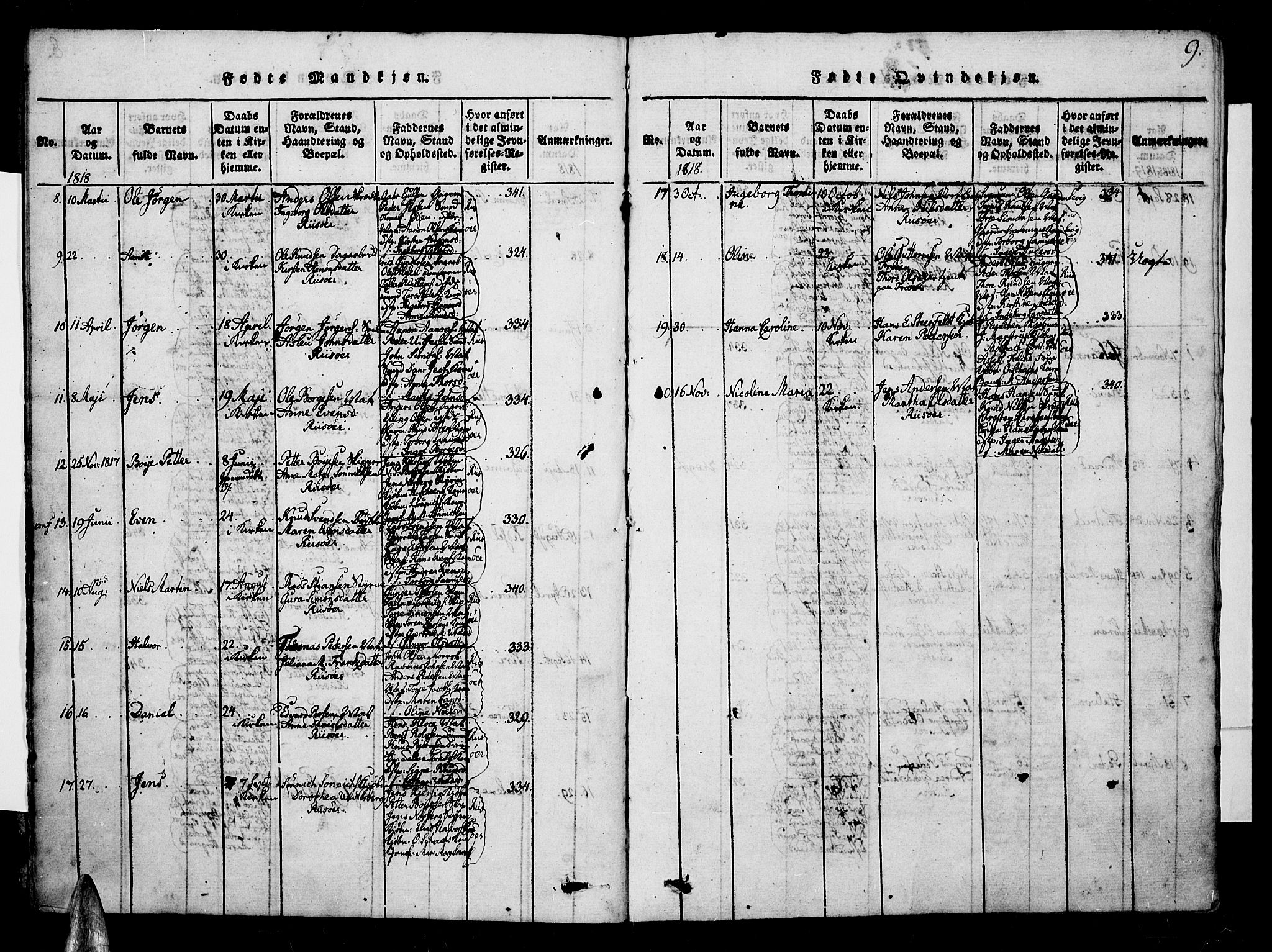 Risør sokneprestkontor, SAK/1111-0035/F/Fb/L0004: Parish register (copy) no. B 4, 1816-1848, p. 9