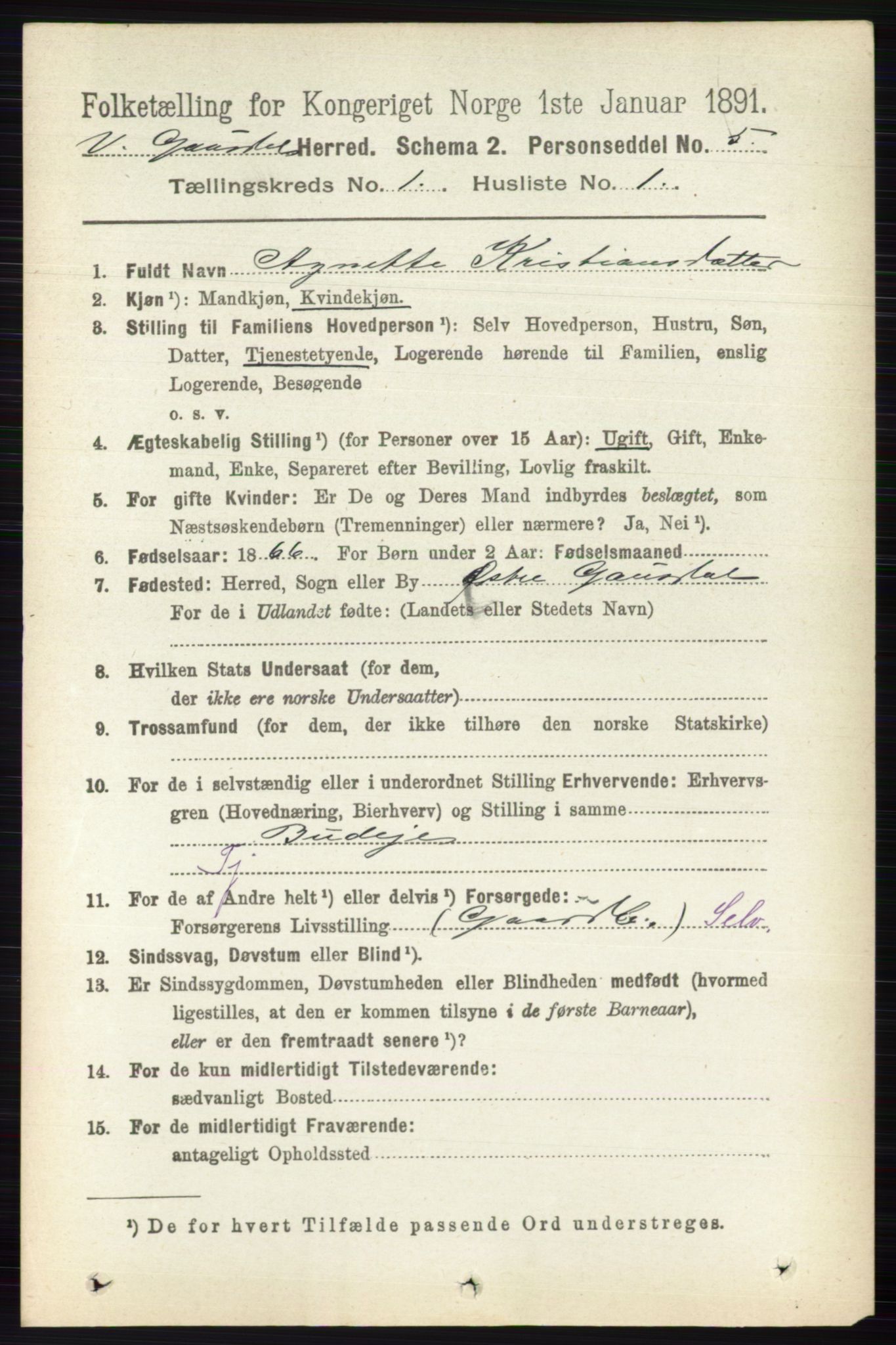 RA, 1891 census for 0523 Vestre Gausdal, 1891, p. 86