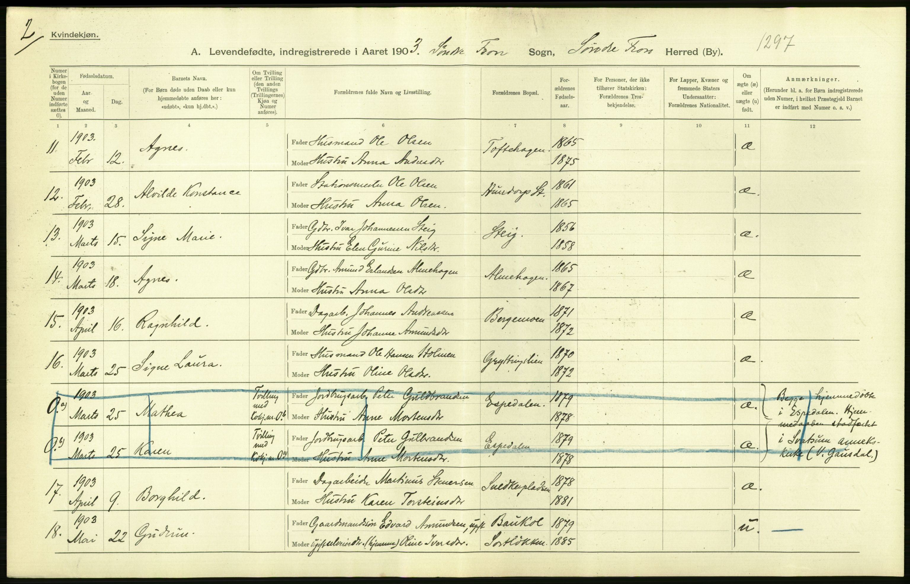 Statistisk sentralbyrå, Sosiodemografiske emner, Befolkning, AV/RA-S-2228/D/Df/Dfa/Dfaa/L0006: Kristians amt: Fødte, gifte, døde, 1903, p. 64