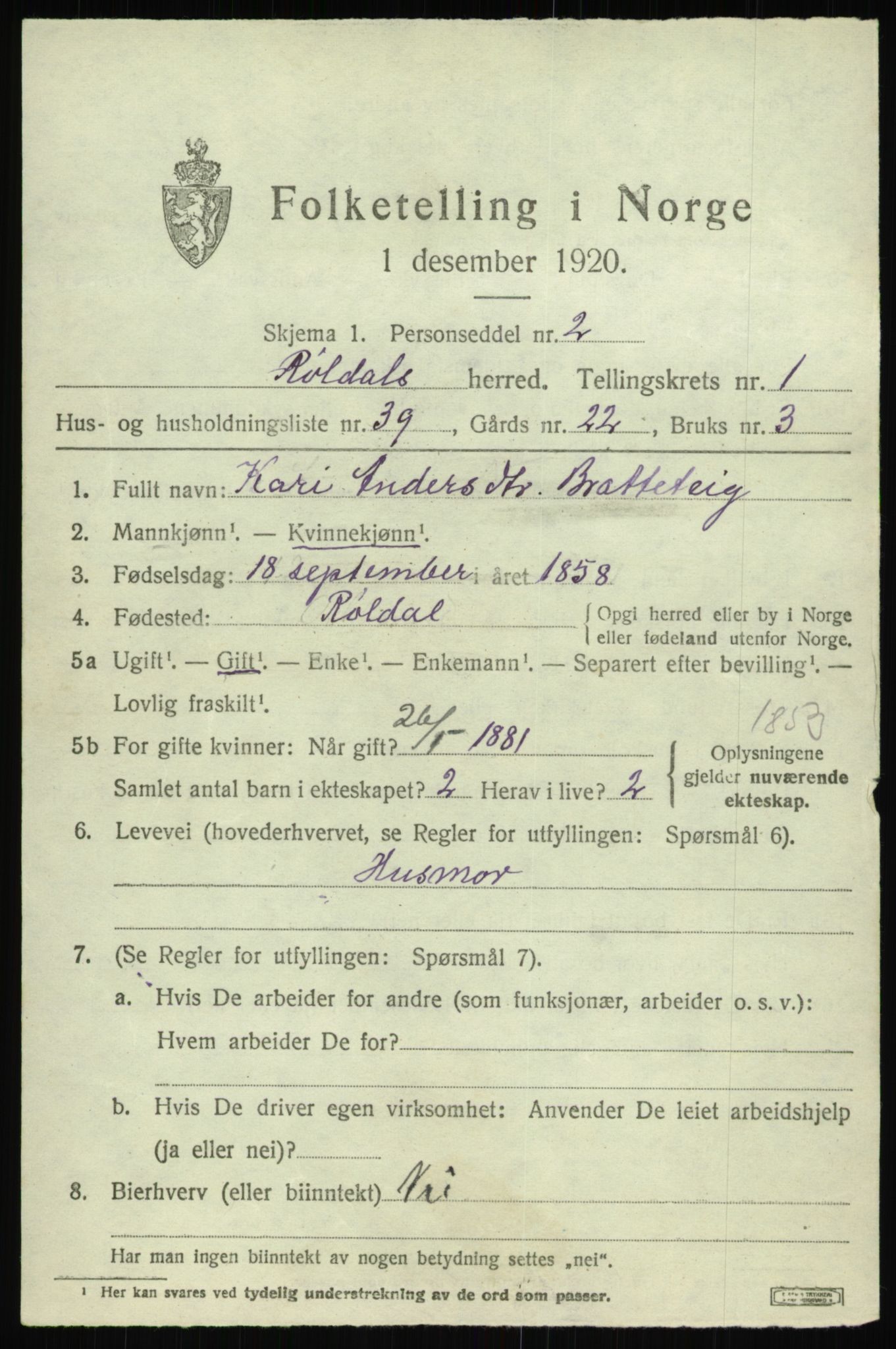 SAB, 1920 census for Røldal, 1920, p. 741