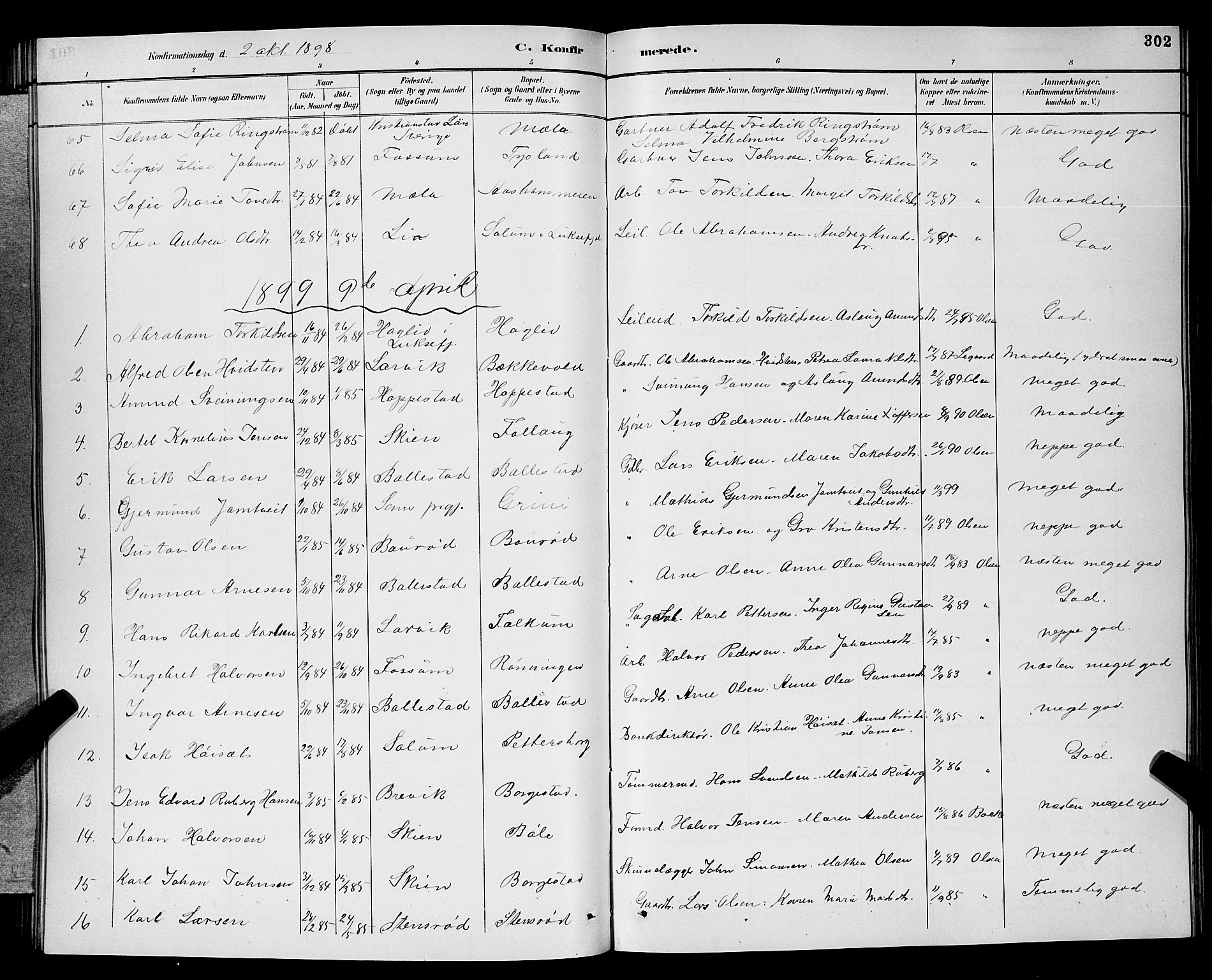 Gjerpen kirkebøker, SAKO/A-265/G/Ga/L0002: Parish register (copy) no. I 2, 1883-1900, p. 302
