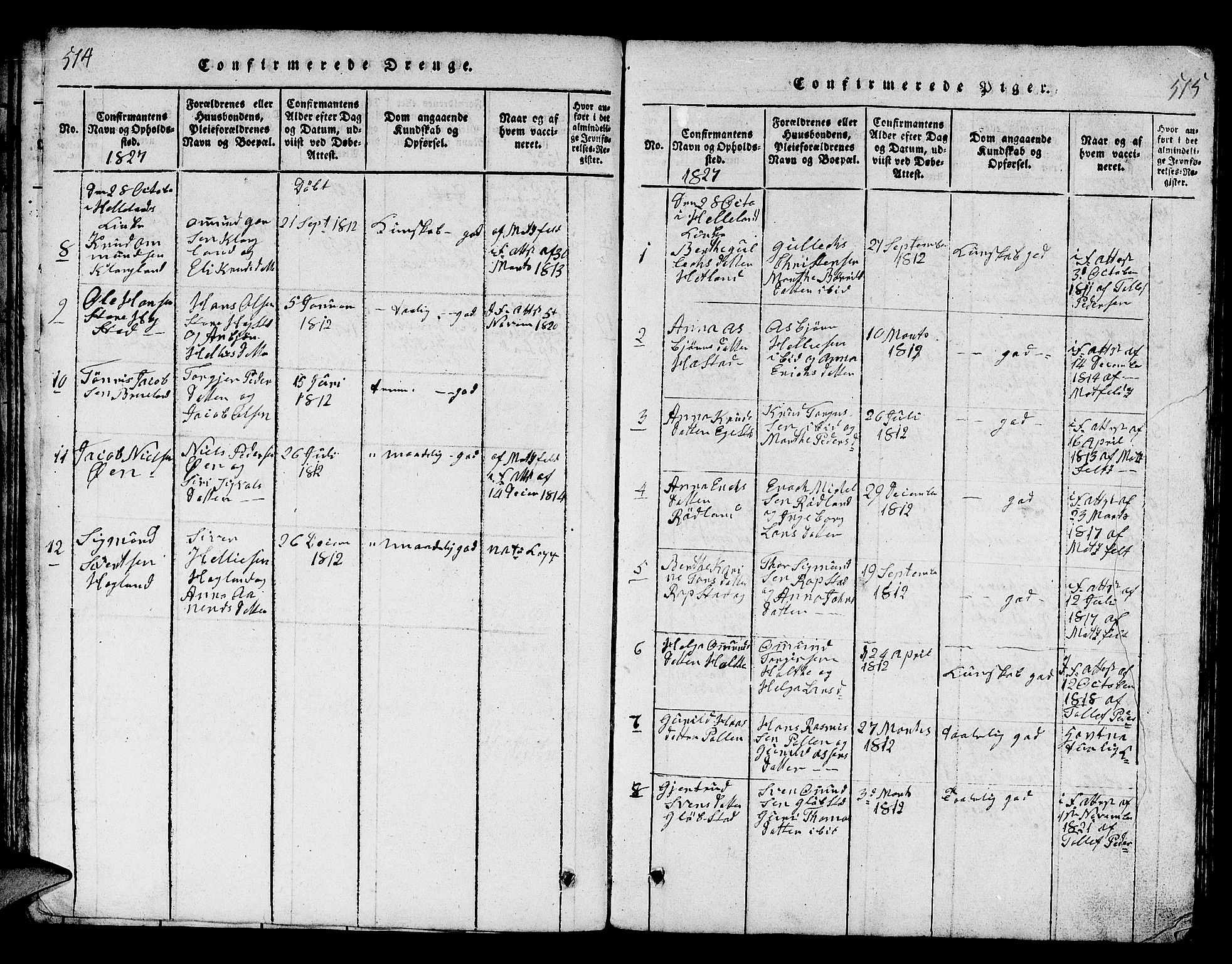 Helleland sokneprestkontor, SAST/A-101810: Parish register (copy) no. B 1, 1815-1841, p. 514-515