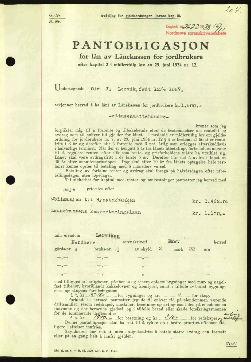 Nordmøre sorenskriveri, SAT/A-4132/1/2/2Ca: Mortgage book no. B84, 1938-1939, Diary no: : 2623/1938