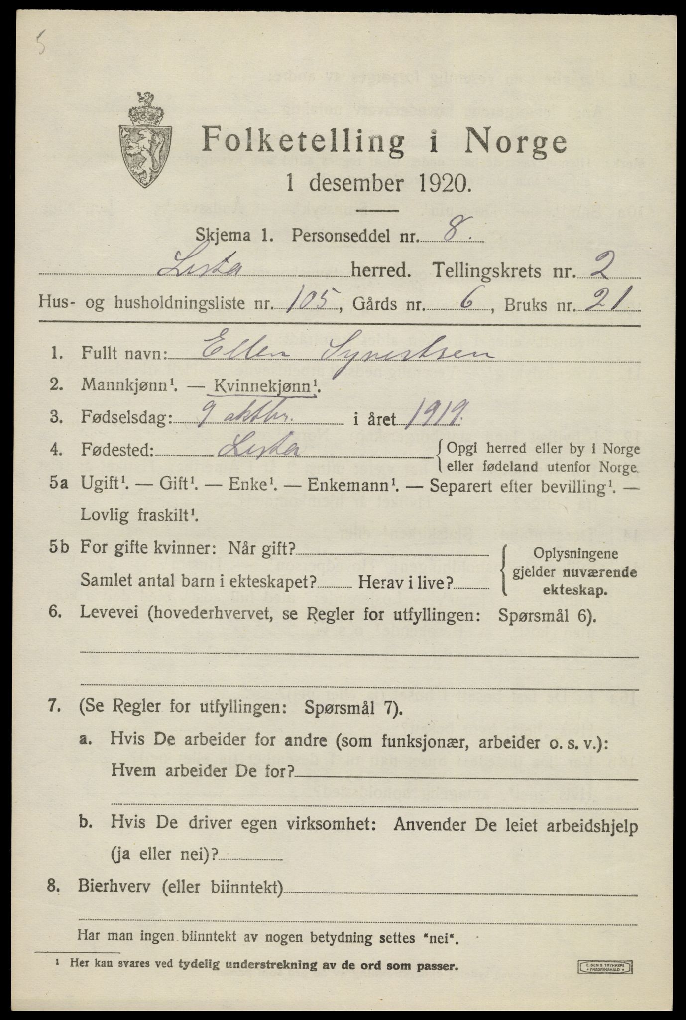 SAK, 1920 census for Lista, 1920, p. 4407