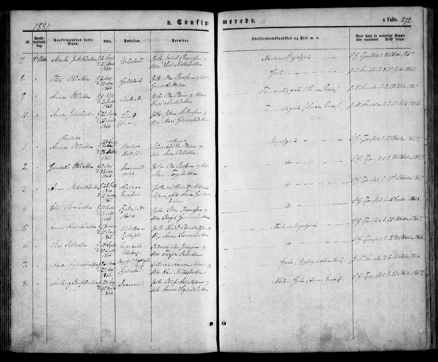 Evje sokneprestkontor, AV/SAK-1111-0008/F/Fa/Faa/L0006: Parish register (official) no. A 6, 1866-1884, p. 272