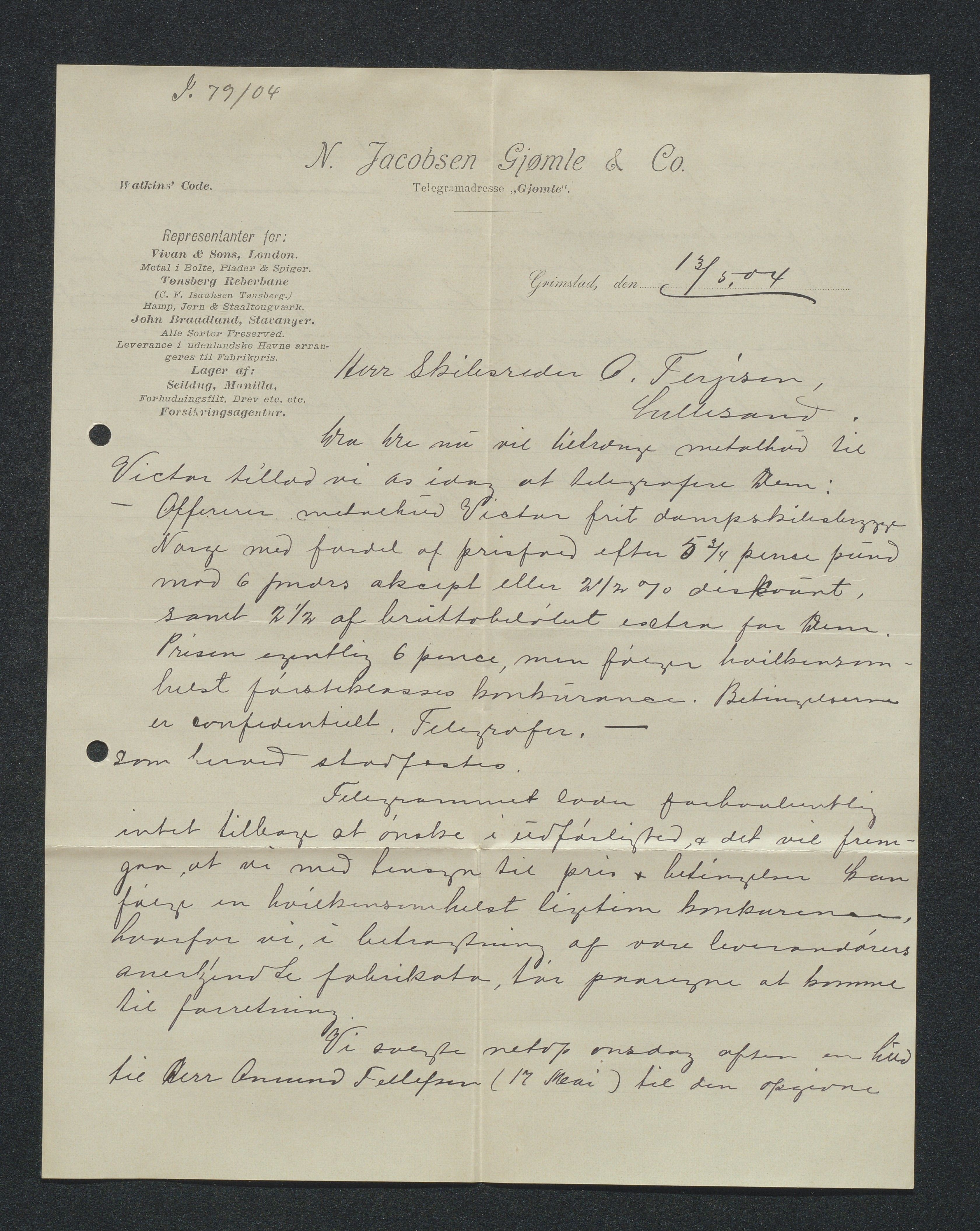 O. Terjesens rederi, AAKS/PA-2525/E/E01/L0013: Korrespondanse, 1904-1905