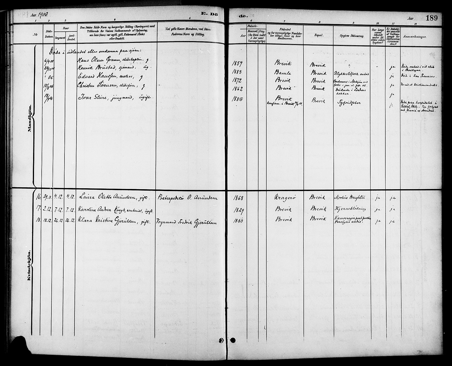 Brevik kirkebøker, AV/SAKO-A-255/G/Ga/L0005: Parish register (copy) no. 5, 1901-1924, p. 189