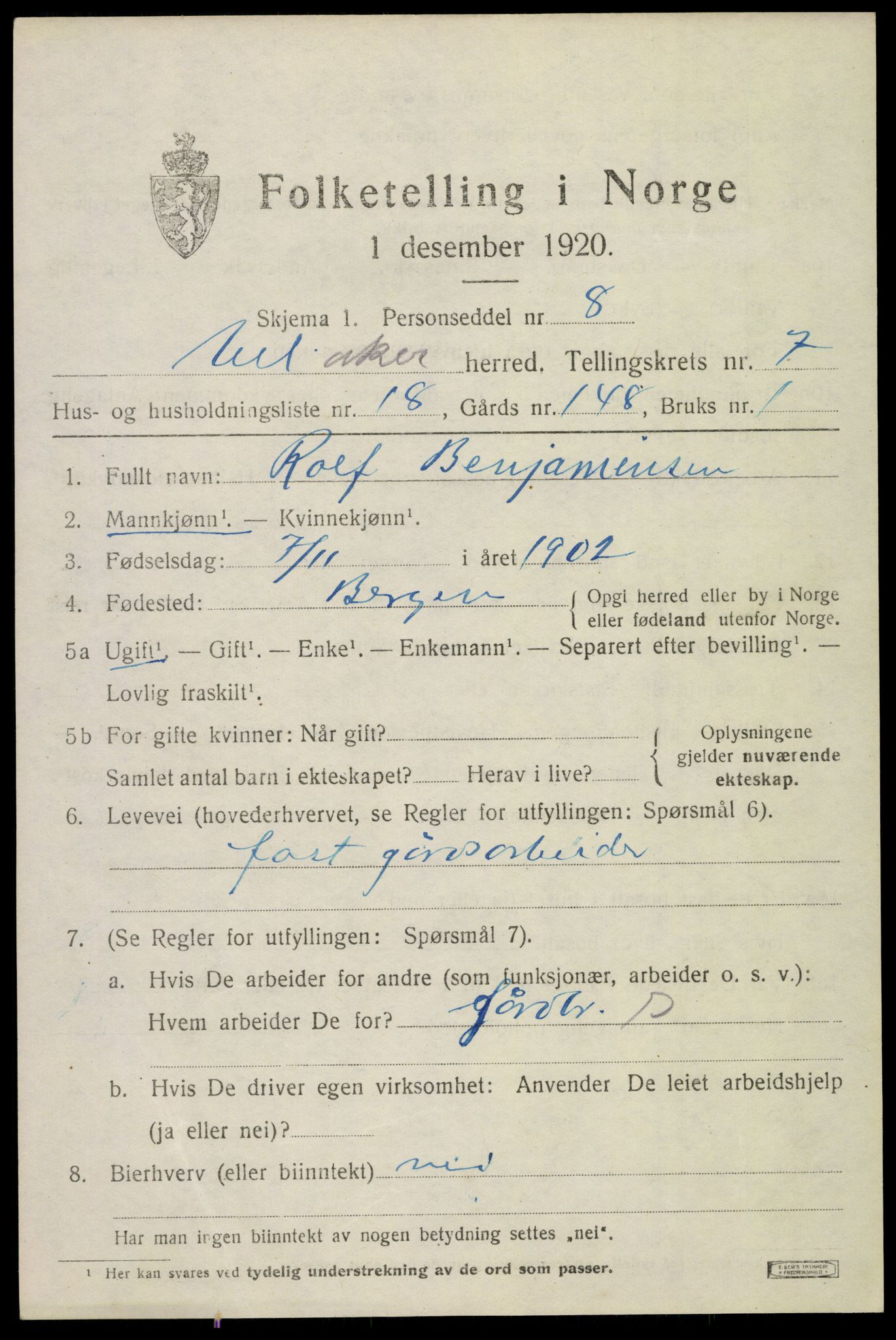 SAO, 1920 census for Ullensaker, 1920, p. 13151