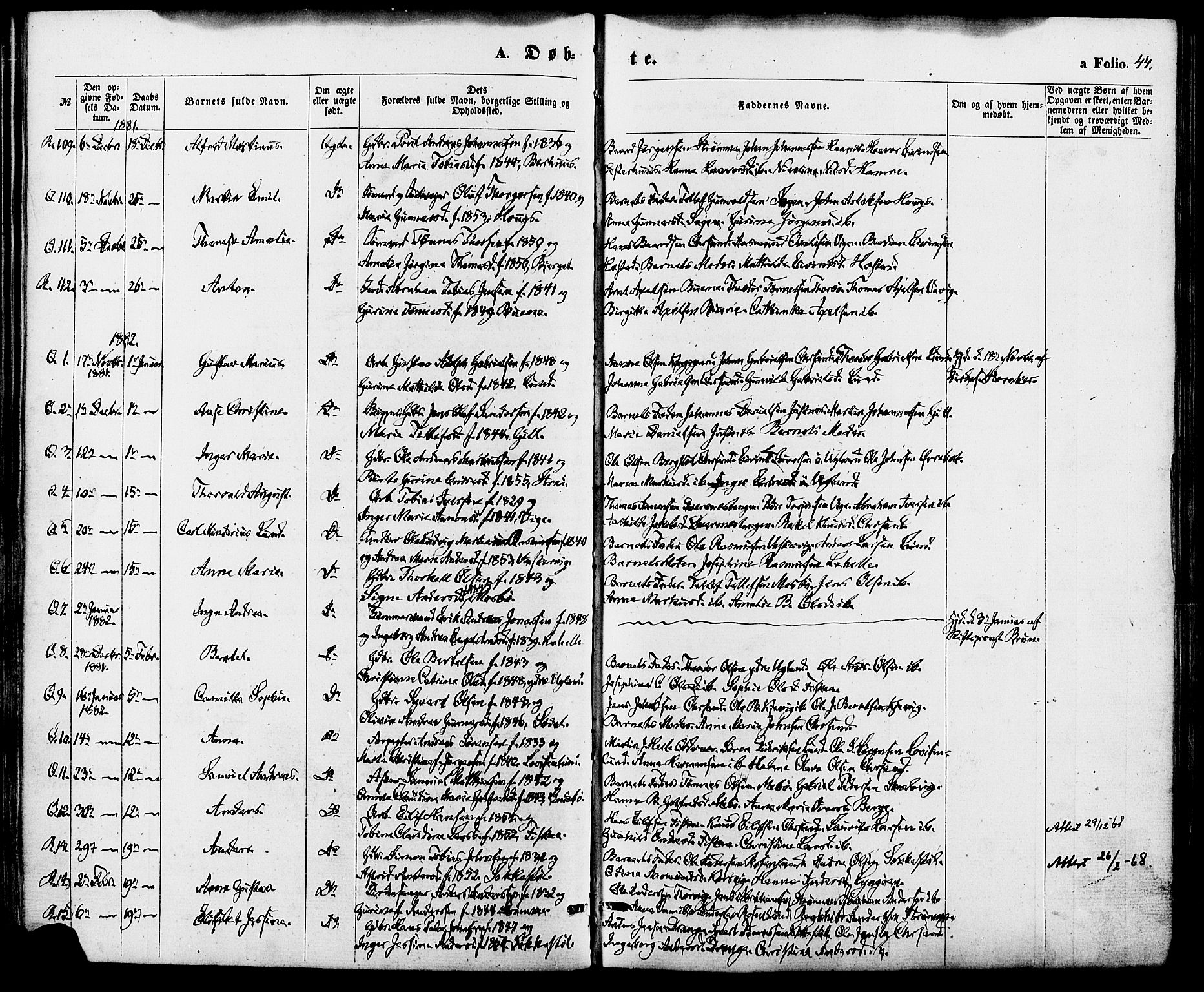 Oddernes sokneprestkontor, SAK/1111-0033/F/Fa/Fab/L0001: Parish register (official) no. A 1, 1865-1884, p. 44