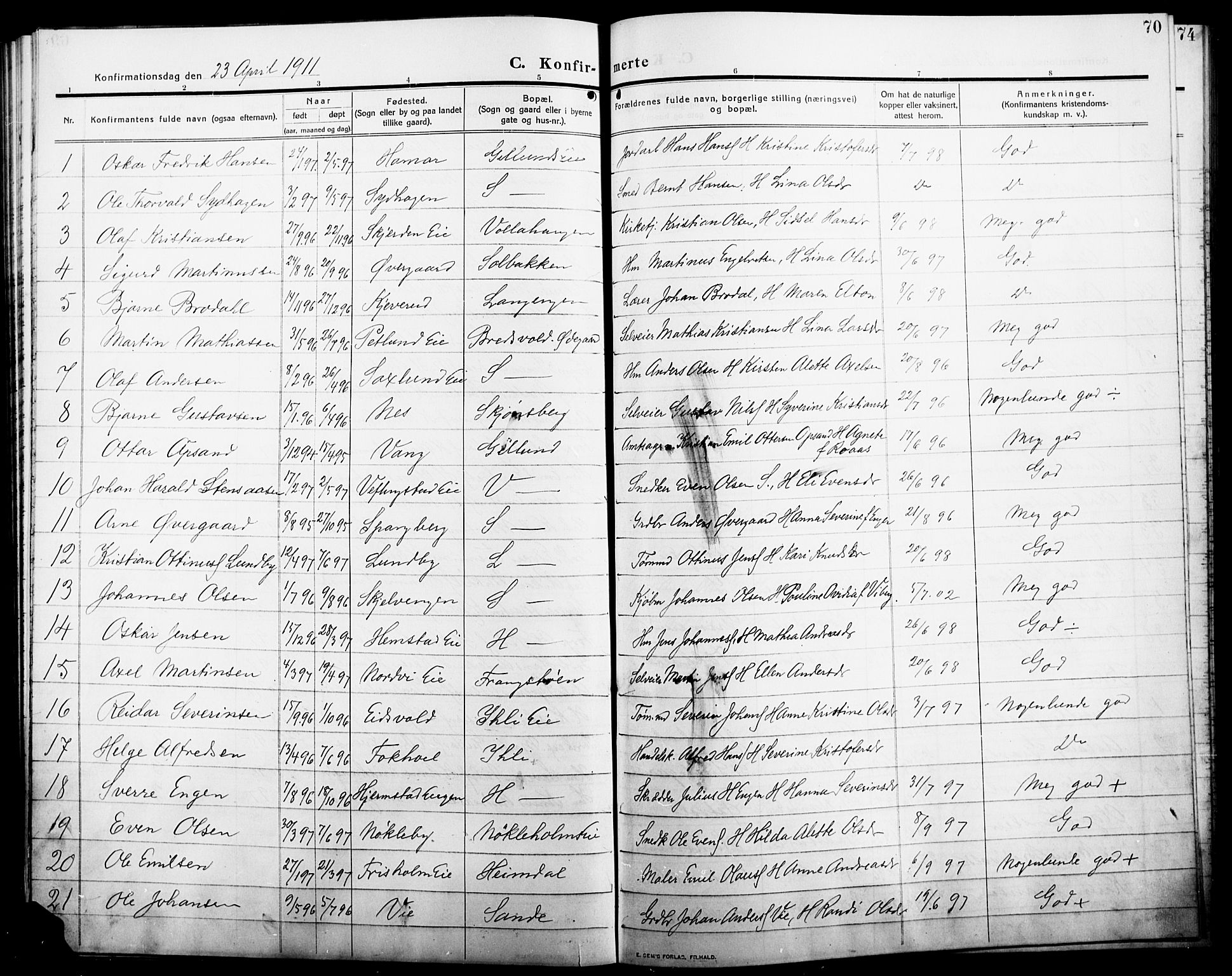 Stange prestekontor, SAH/PREST-002/L/L0014: Parish register (copy) no. 14, 1909-1917, p. 70