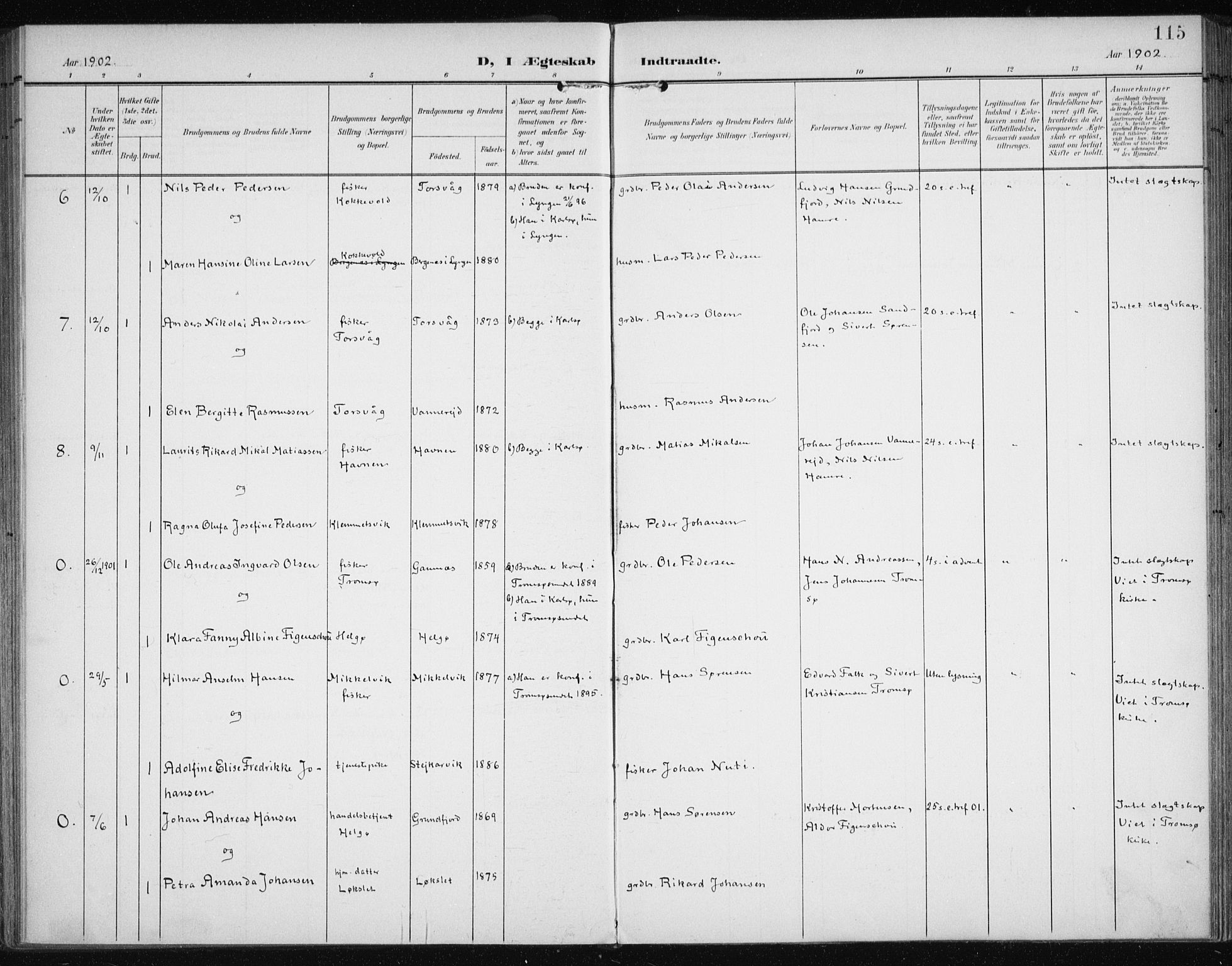 Karlsøy sokneprestembete, SATØ/S-1299/H/Ha/Haa/L0013kirke: Parish register (official) no. 13, 1902-1916, p. 115