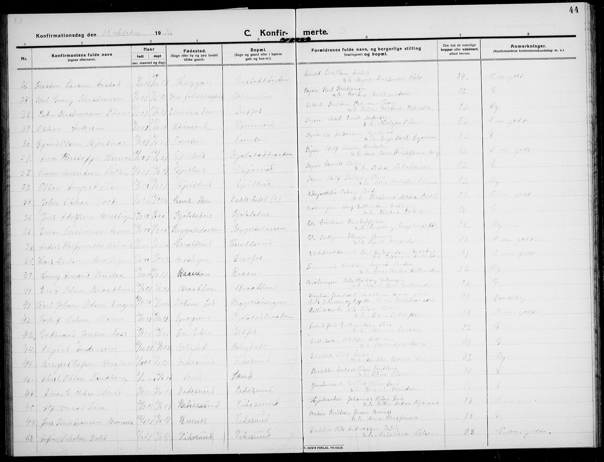 Modum kirkebøker, AV/SAKO-A-234/G/Ga/L0010: Parish register (copy) no. I 10, 1909-1923, p. 44