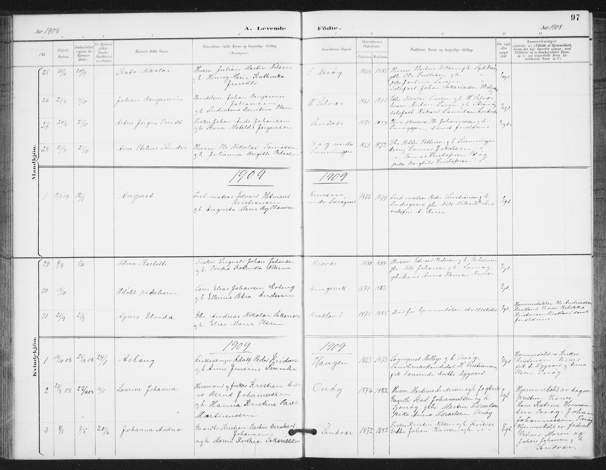 Ministerialprotokoller, klokkerbøker og fødselsregistre - Nordland, AV/SAT-A-1459/839/L0573: Parish register (copy) no. 839C03, 1892-1917, p. 97