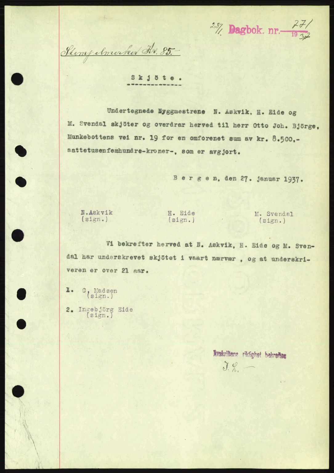 Byfogd og Byskriver i Bergen, SAB/A-3401/03/03Bc/L0004: Mortgage book no. A3-4, 1936-1937, Diary no: : 771/1937