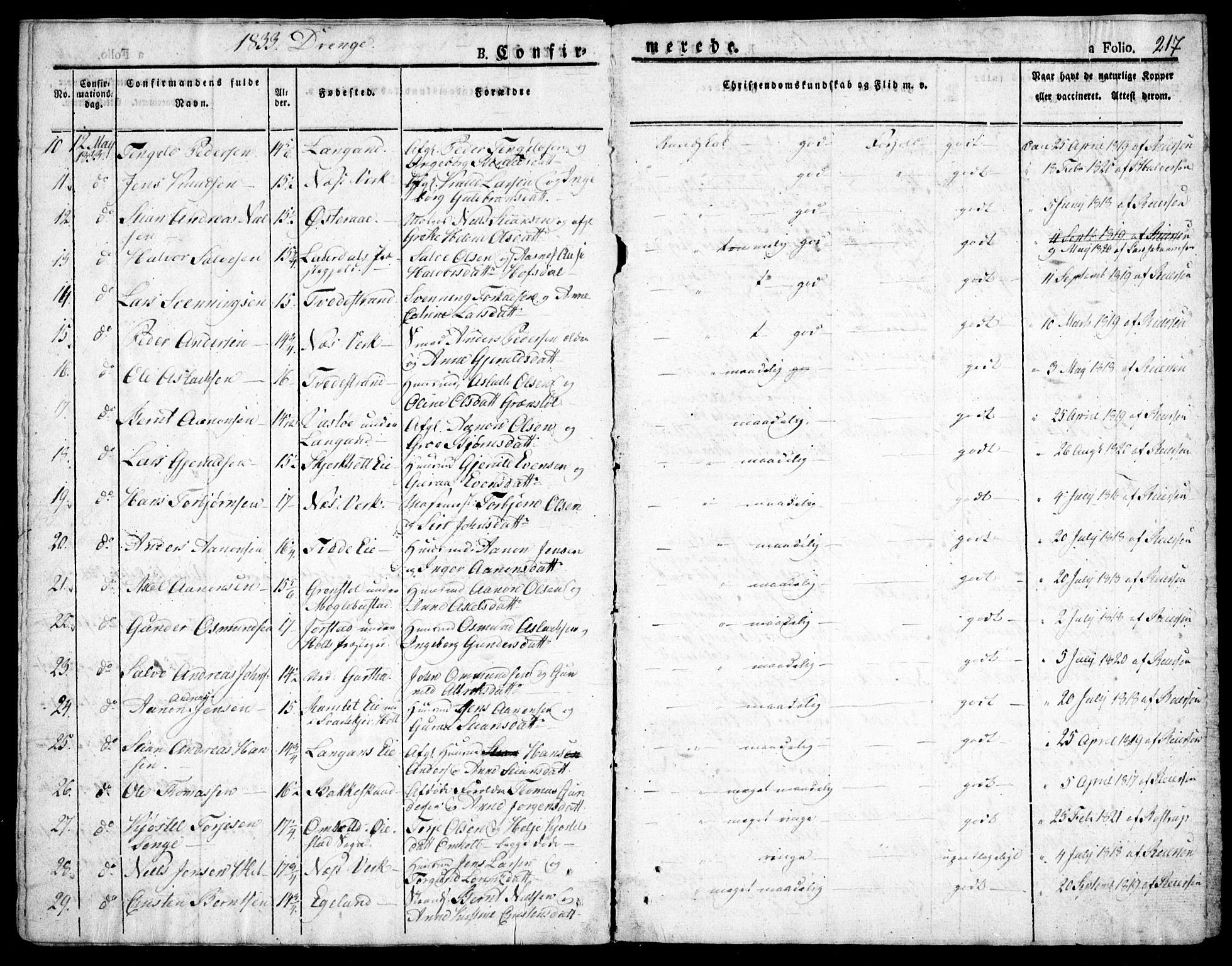 Holt sokneprestkontor, AV/SAK-1111-0021/F/Fa/L0006: Parish register (official) no. A 6, 1820-1835, p. 217