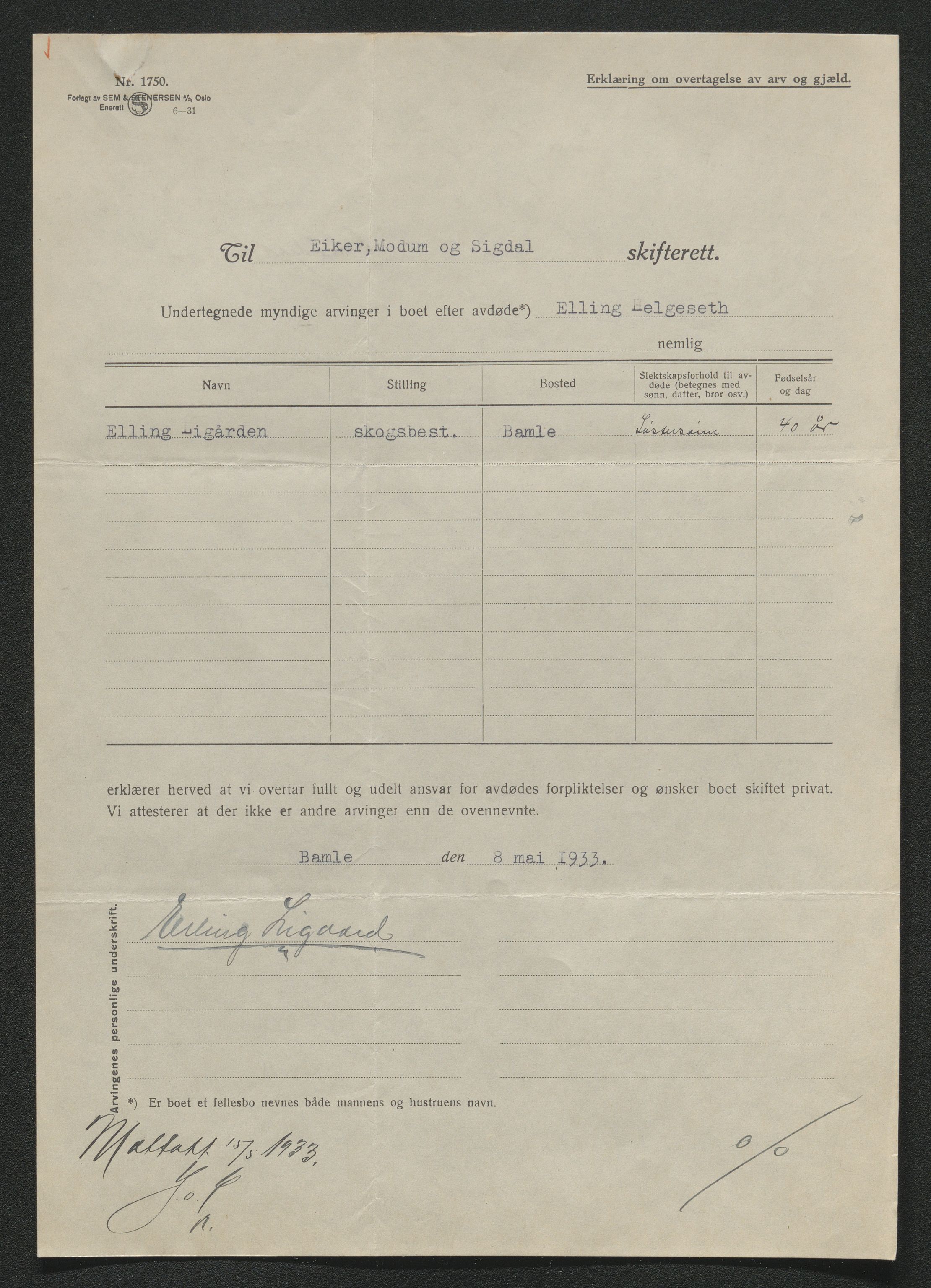 Eiker, Modum og Sigdal sorenskriveri, AV/SAKO-A-123/H/Ha/Hab/L0048: Dødsfallsmeldinger, 1933, p. 251