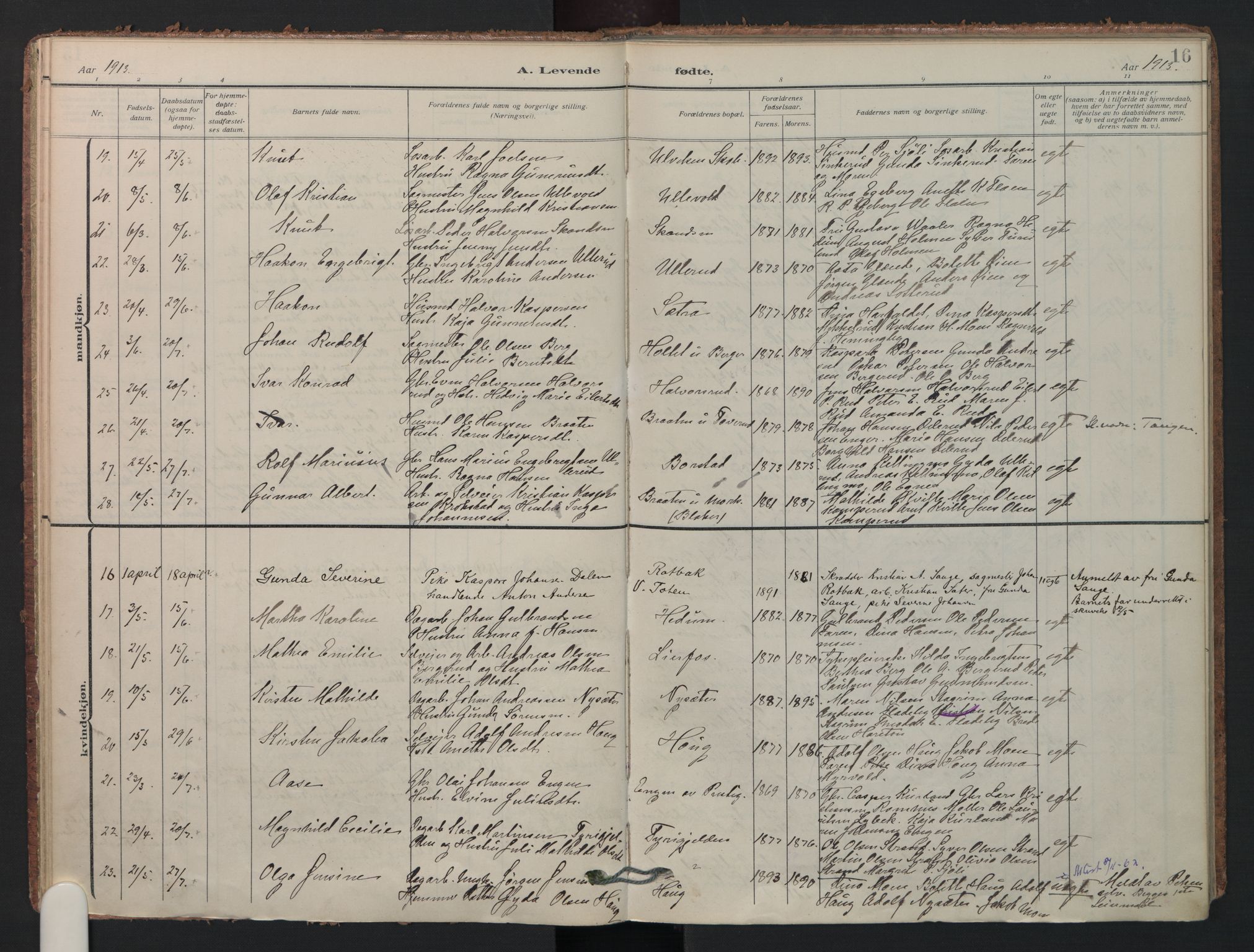 Aurskog prestekontor Kirkebøker, SAO/A-10304a/F/Fa/L0014: Parish register (official) no. I 14, 1911-1926, p. 16