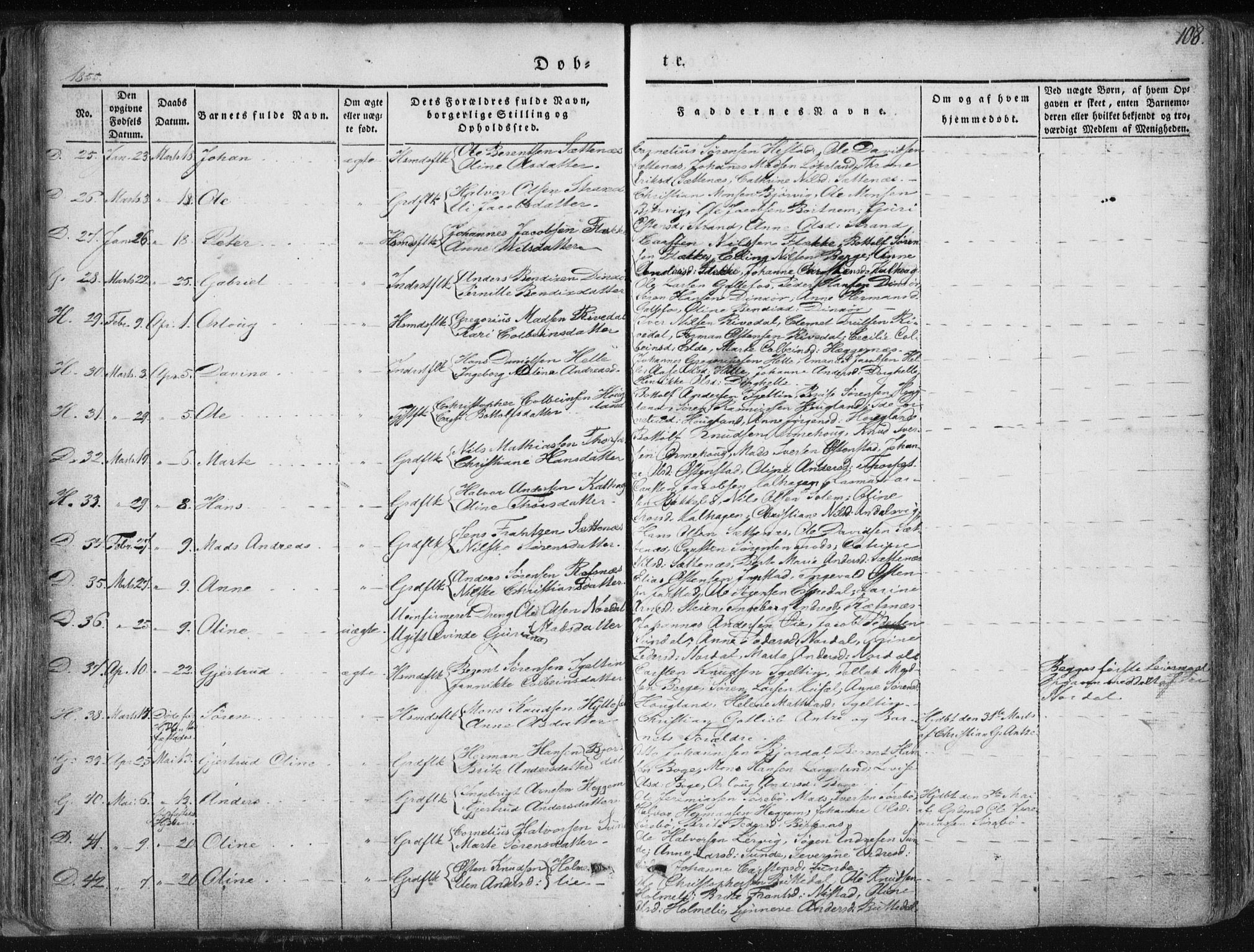 Fjaler sokneprestembete, SAB/A-79801/H/Haa/Haaa/L0006: Parish register (official) no. A 6, 1835-1884, p. 108
