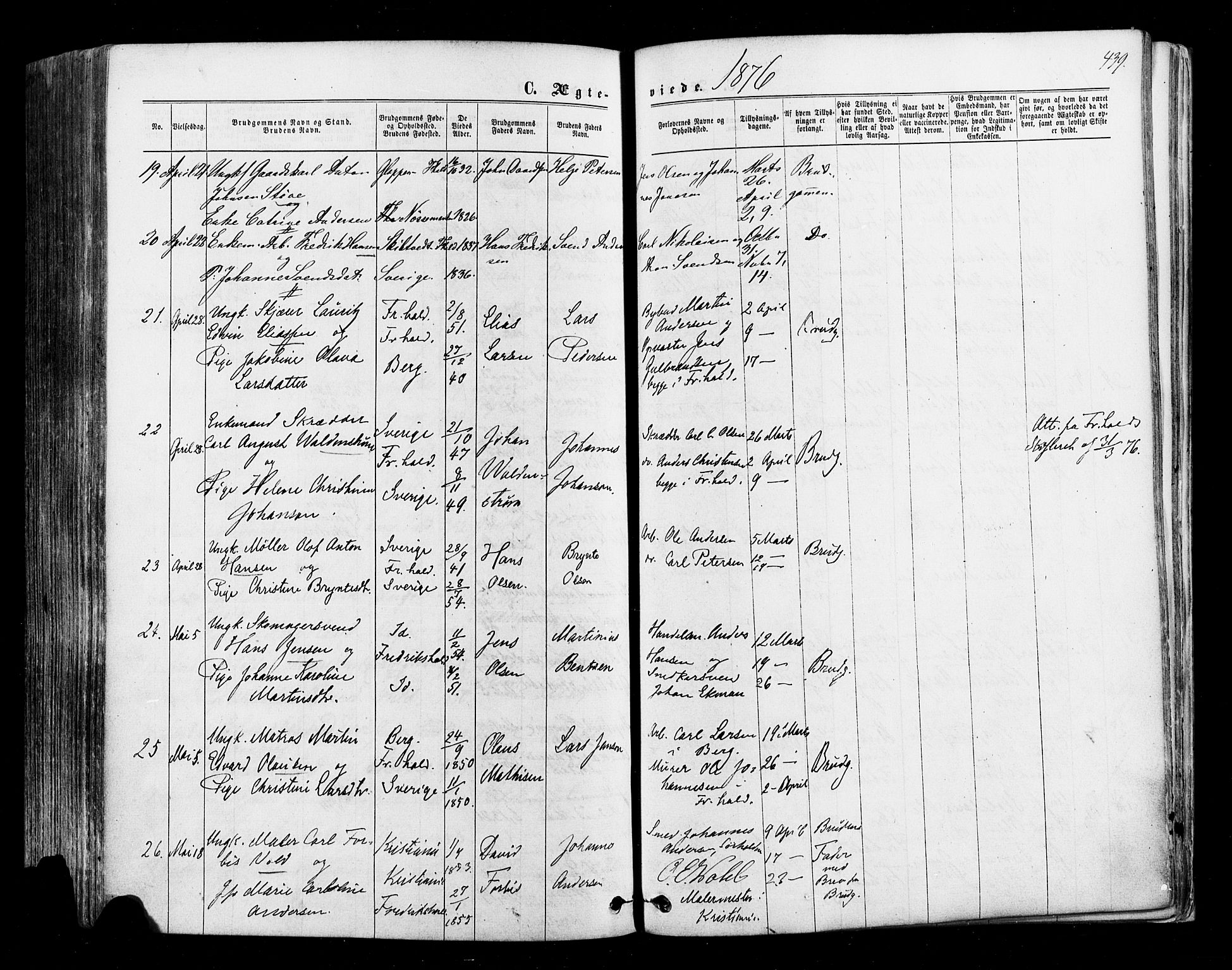 Halden prestekontor Kirkebøker, AV/SAO-A-10909/F/Fa/L0009: Parish register (official) no. I 9, 1866-1877, p. 439