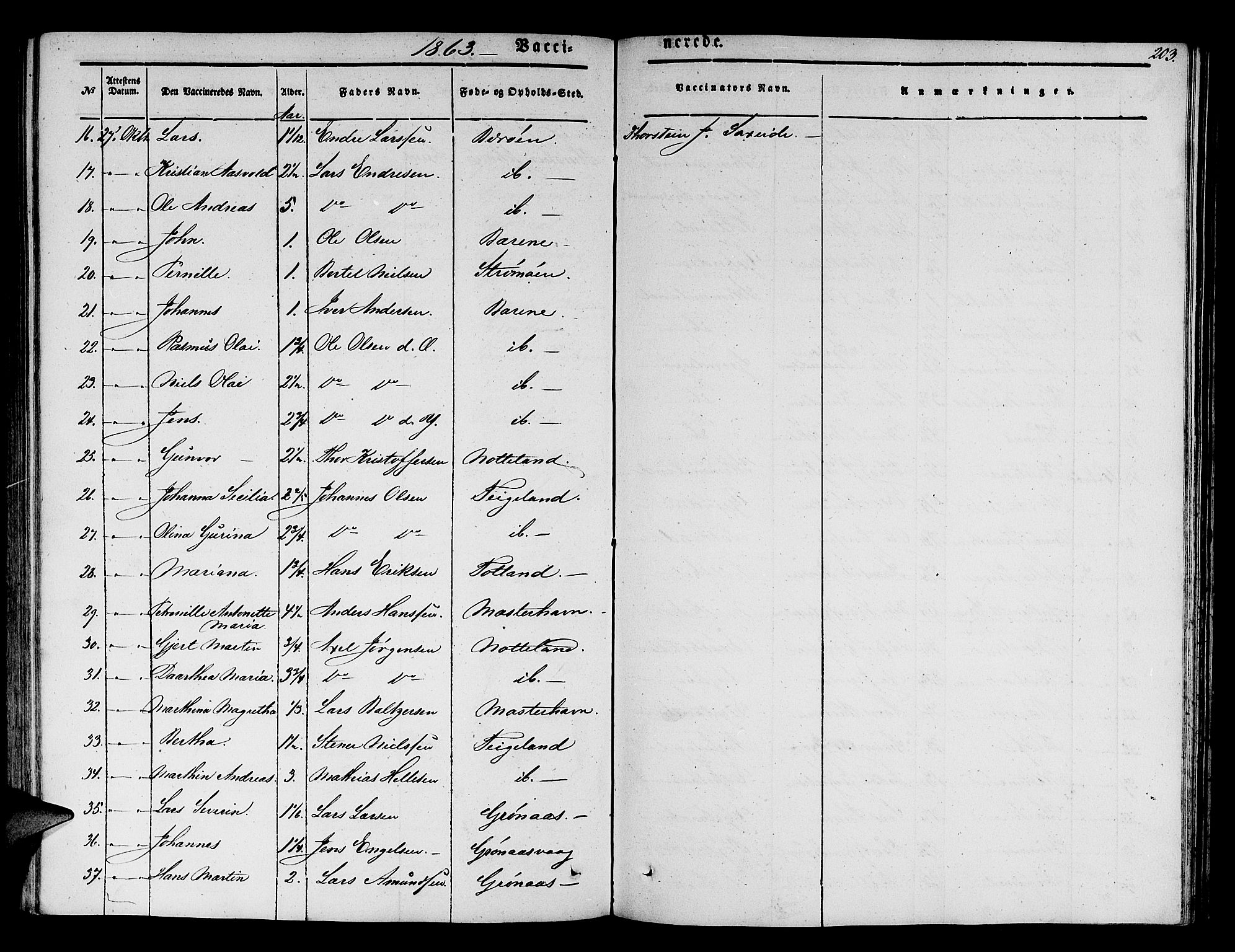 Finnås sokneprestembete, AV/SAB-A-99925/H/Ha/Hab/Haba/L0001: Parish register (copy) no. A 1, 1851-1873, p. 203