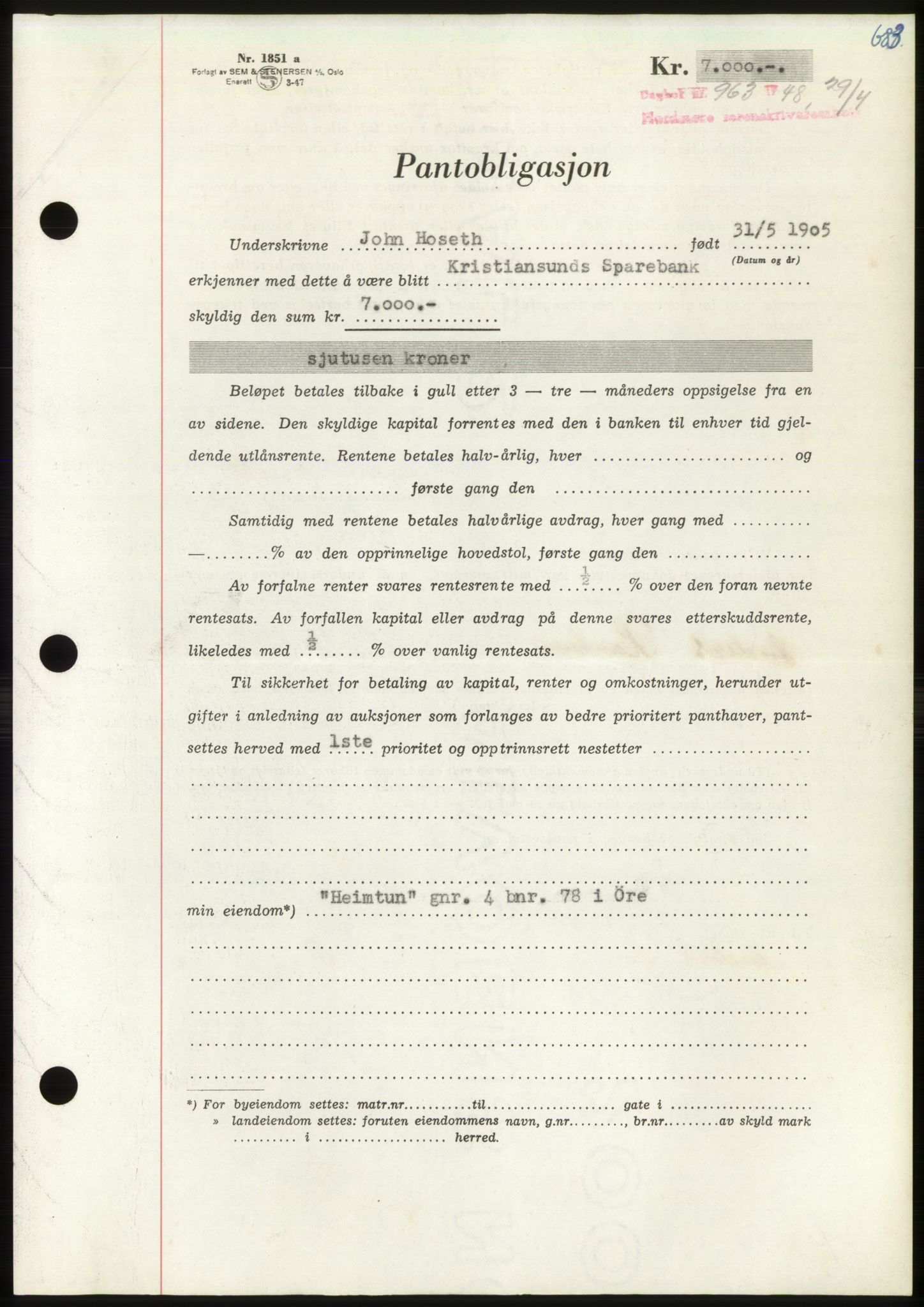 Nordmøre sorenskriveri, AV/SAT-A-4132/1/2/2Ca: Mortgage book no. B98, 1948-1948, Diary no: : 963/1948