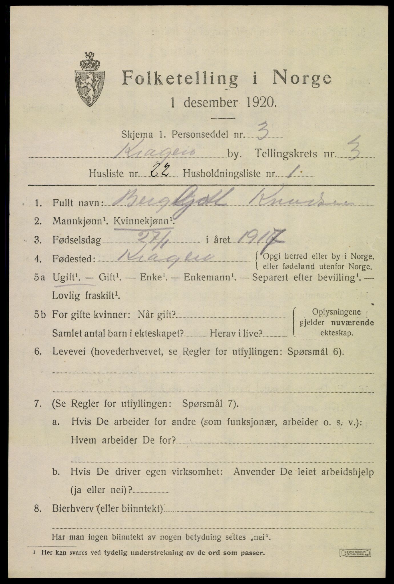 SAKO, 1920 census for Kragerø, 1920, p. 7305