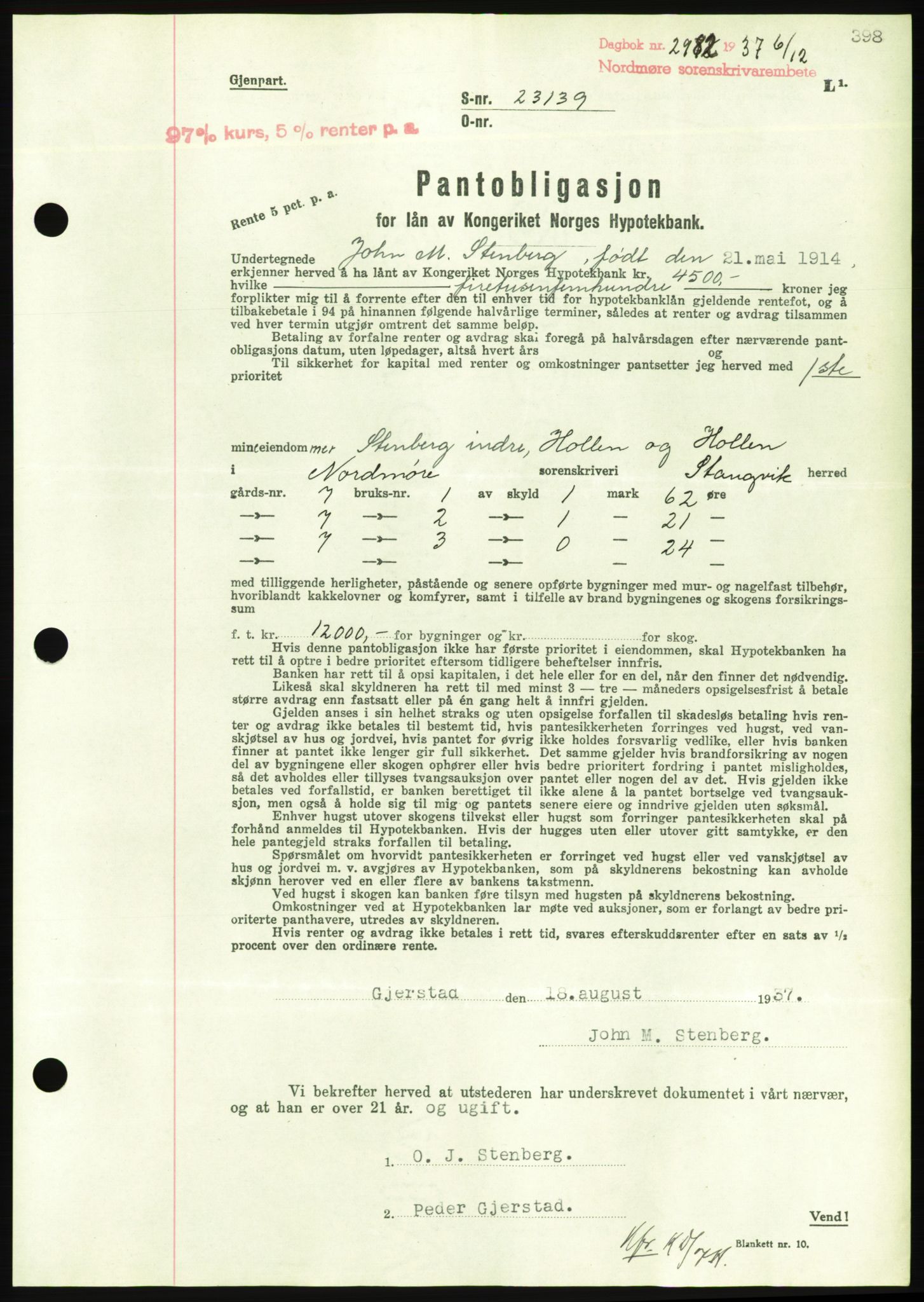 Nordmøre sorenskriveri, AV/SAT-A-4132/1/2/2Ca/L0092: Mortgage book no. B82, 1937-1938, Diary no: : 2982/1937