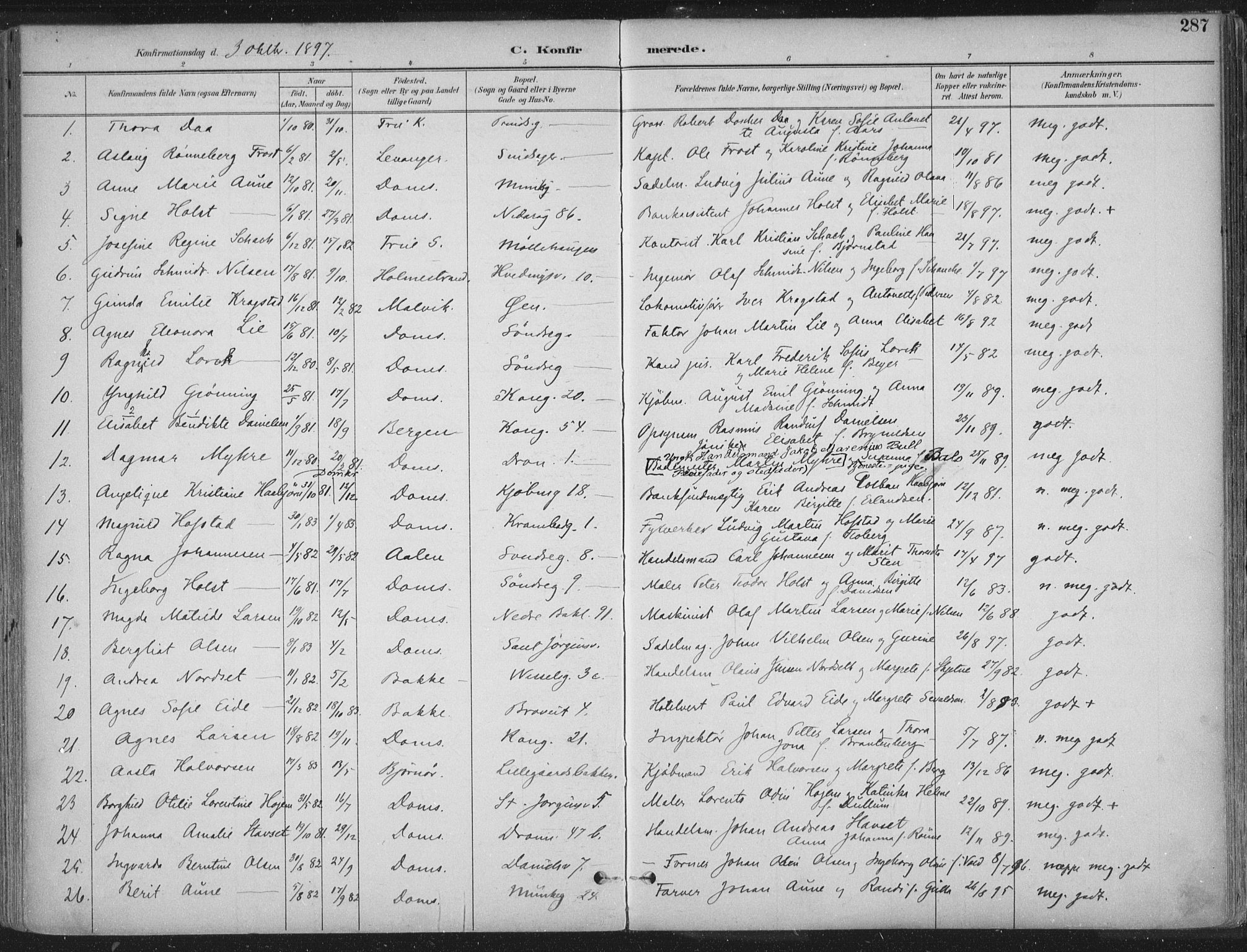 Ministerialprotokoller, klokkerbøker og fødselsregistre - Sør-Trøndelag, SAT/A-1456/601/L0062: Parish register (official) no. 601A30, 1891-1911, p. 287