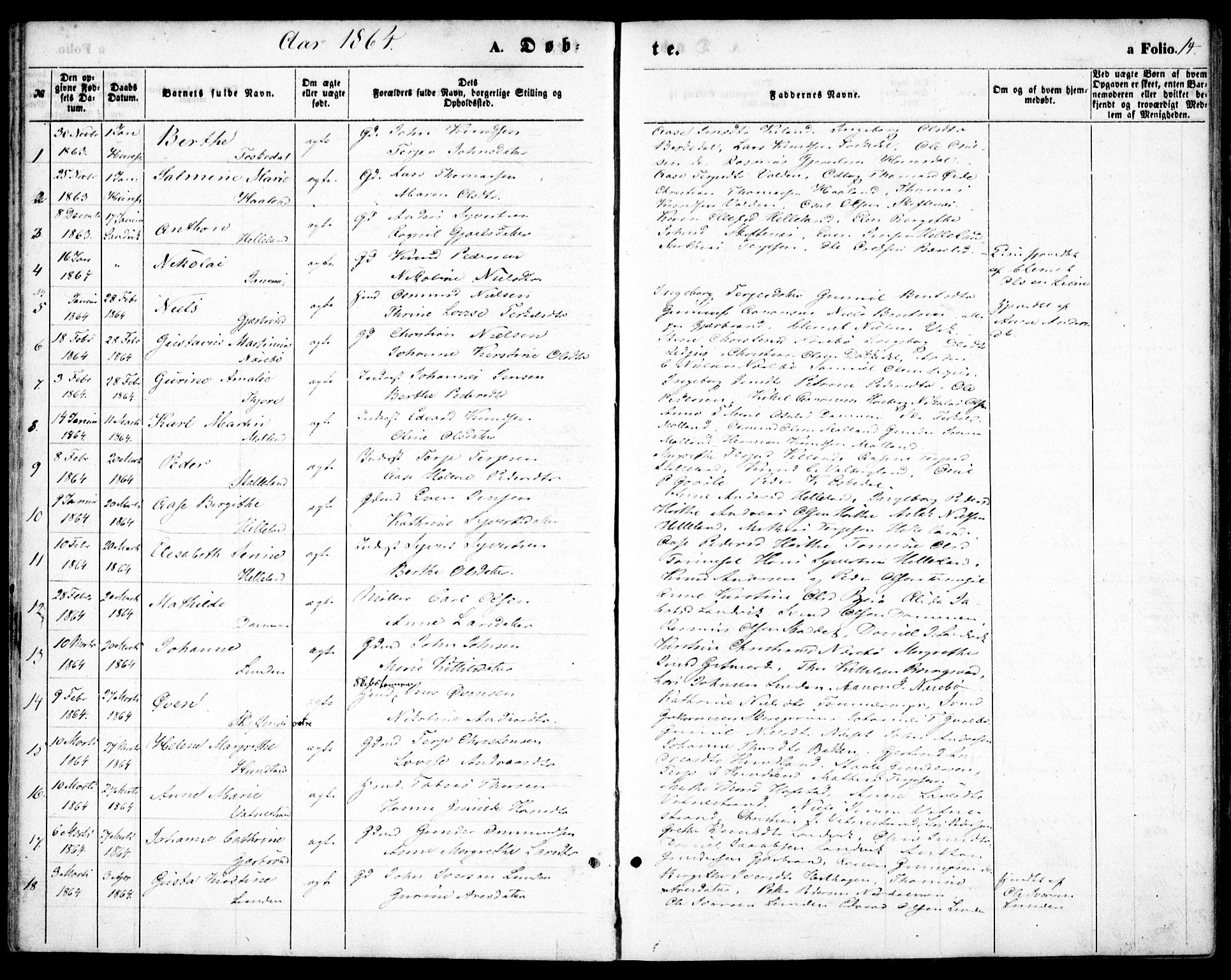 Hommedal sokneprestkontor, AV/SAK-1111-0023/F/Fa/Fab/L0005: Parish register (official) no. A 5, 1861-1877, p. 14