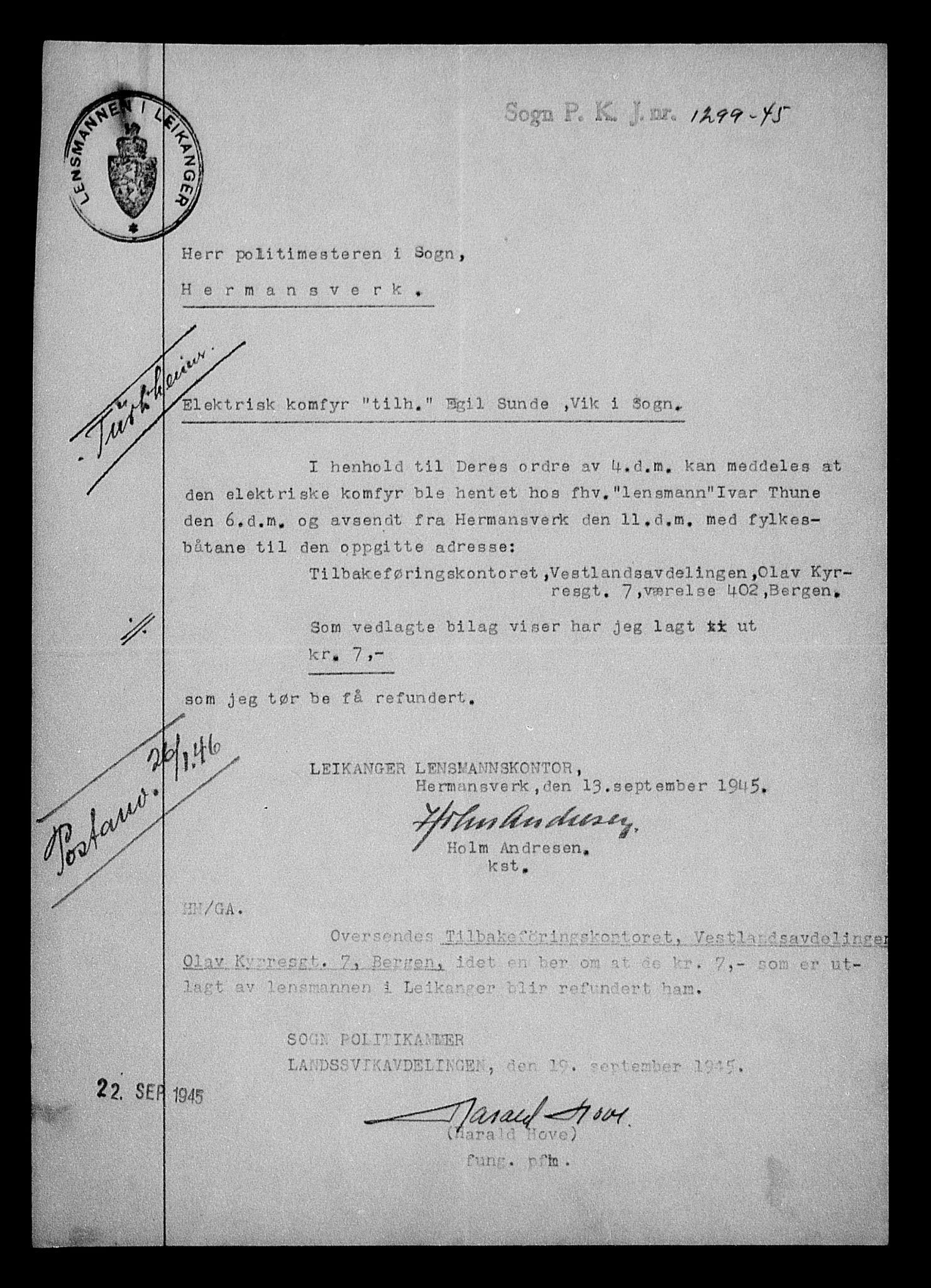 Justisdepartementet, Tilbakeføringskontoret for inndratte formuer, AV/RA-S-1564/H/Hc/Hcd/L1008: --, 1945-1947, p. 23
