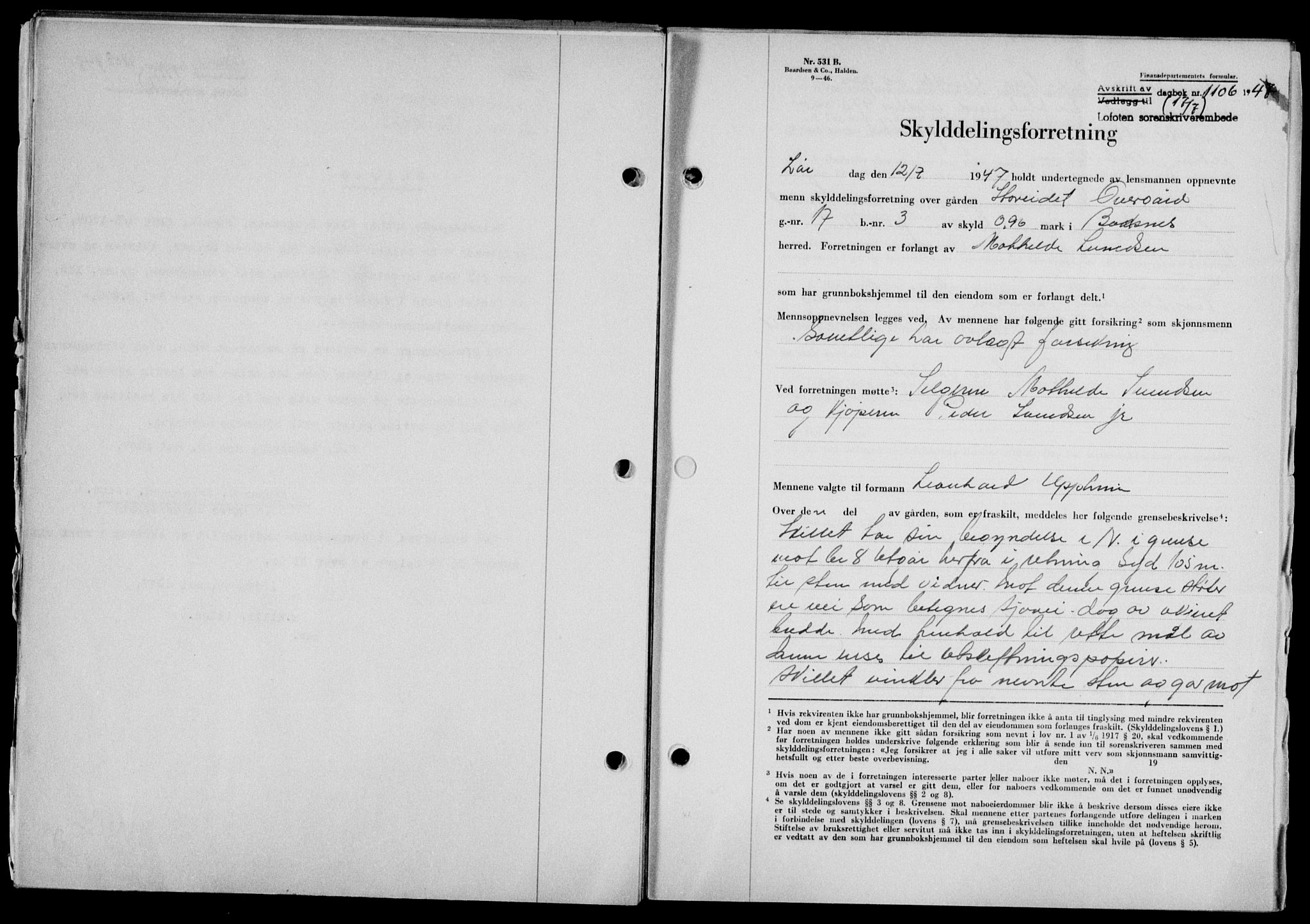 Lofoten sorenskriveri, SAT/A-0017/1/2/2C/L0016a: Mortgage book no. 16a, 1947-1947, Diary no: : 1106/1947
