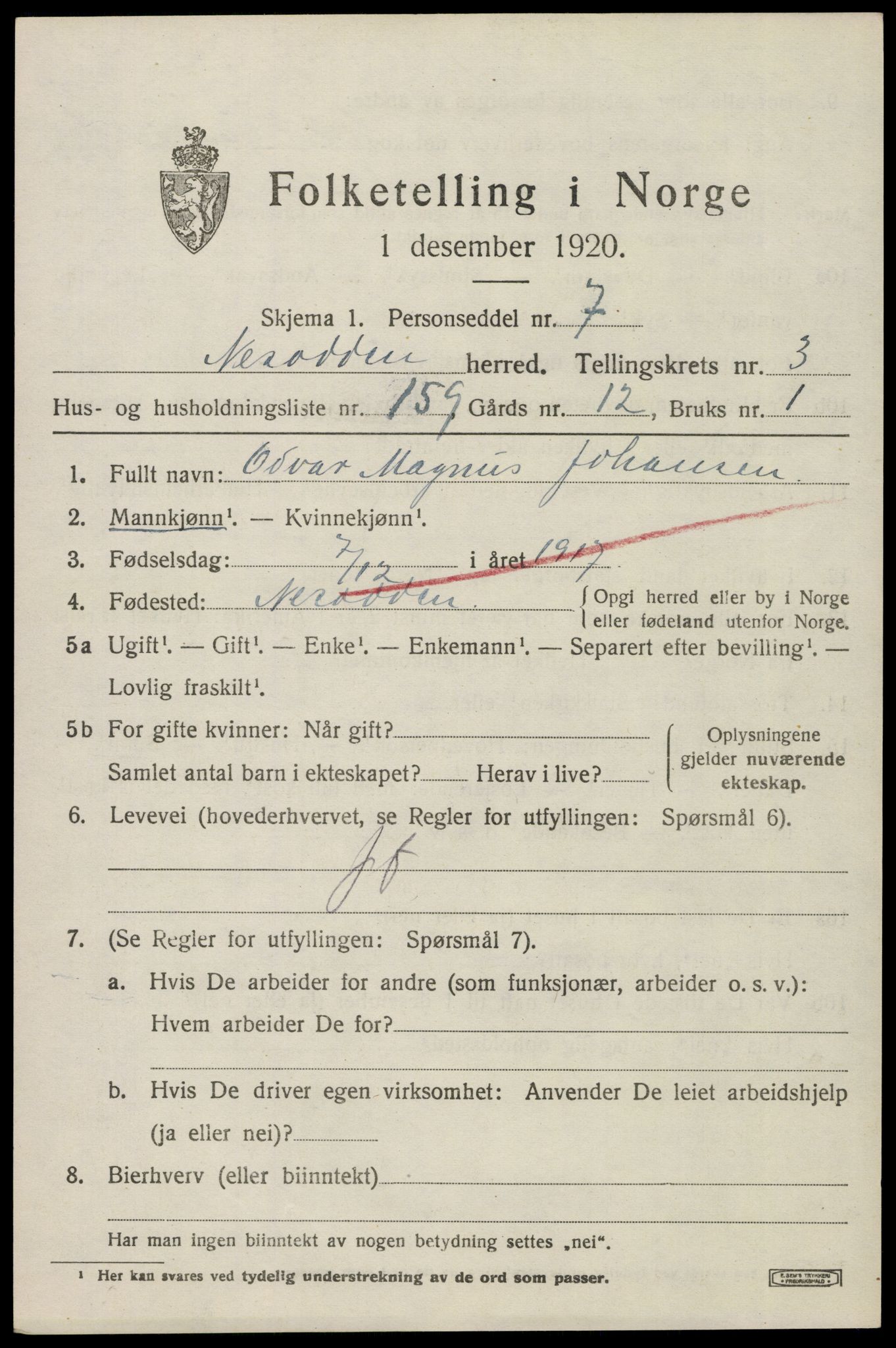 SAO, 1920 census for Nesodden, 1920, p. 4087