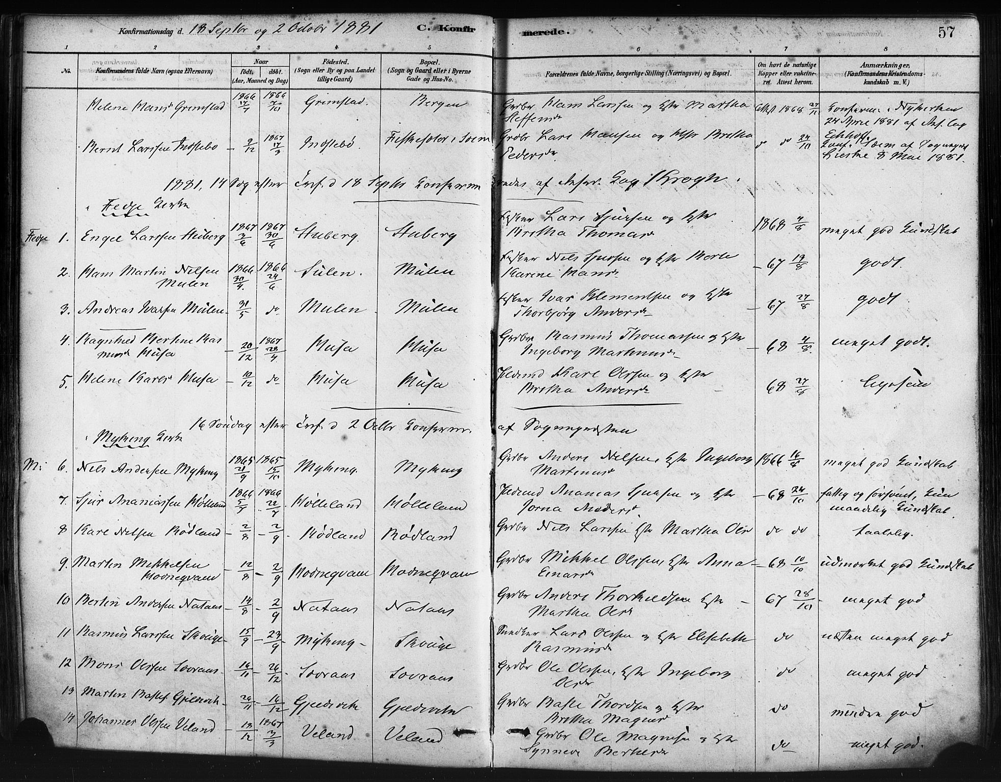 Lindås Sokneprestembete, AV/SAB-A-76701/H/Haa/Haaa/L0019: Parish register (official) no. A 19, 1878-1912, p. 57