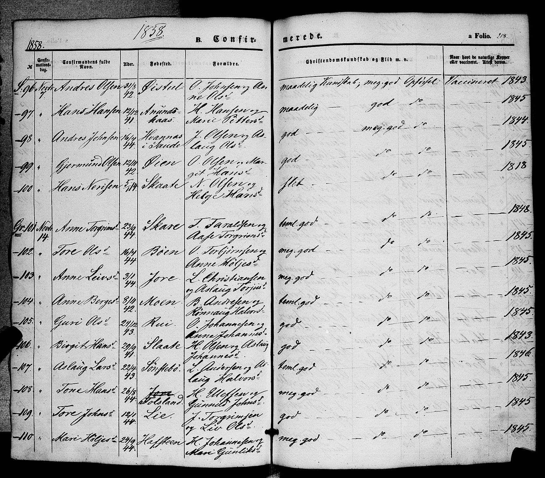 Hjartdal kirkebøker, AV/SAKO-A-270/F/Fa/L0008: Parish register (official) no. I 8, 1844-1859, p. 218