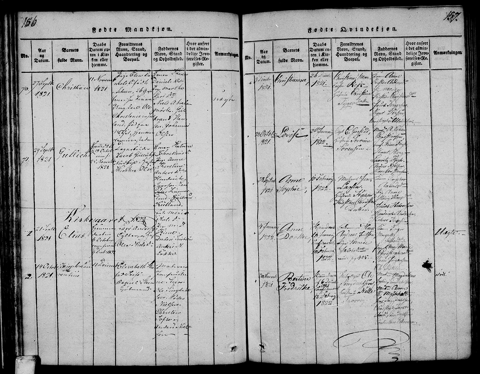 Larvik kirkebøker, SAKO/A-352/F/Fa/L0001: Parish register (official) no. I 1, 1814-1825, p. 156-157