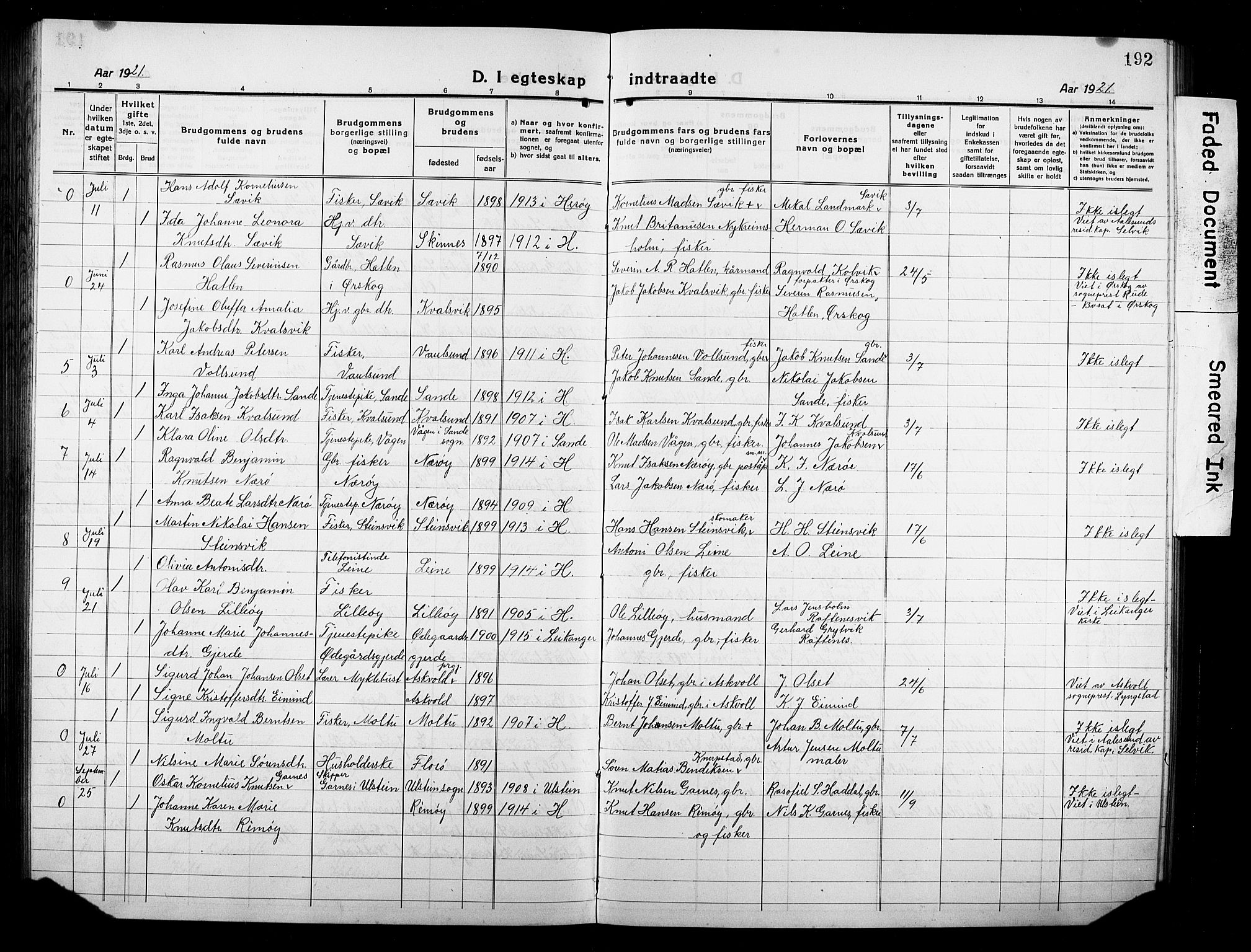 Ministerialprotokoller, klokkerbøker og fødselsregistre - Møre og Romsdal, AV/SAT-A-1454/507/L0084: Parish register (copy) no. 507C07, 1919-1932, p. 192