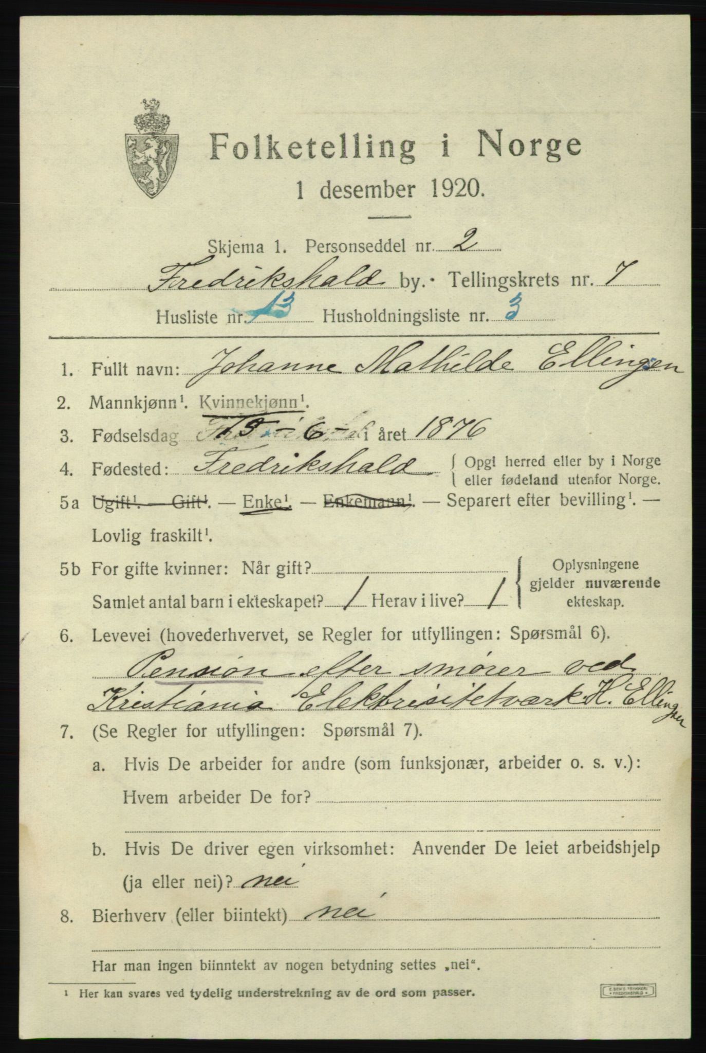 SAO, 1920 census for Fredrikshald, 1920, p. 14118